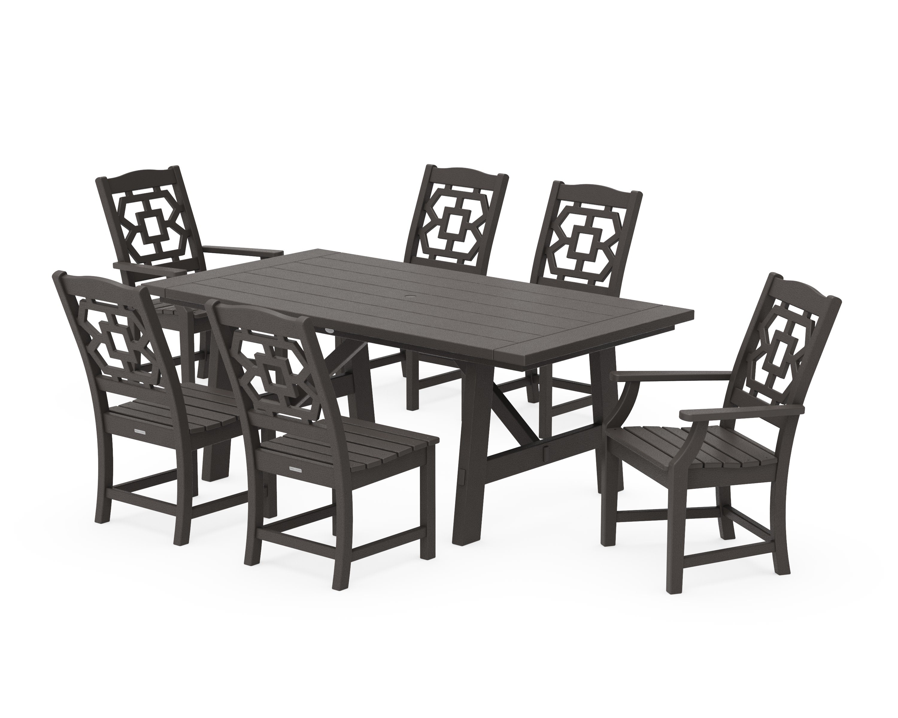 Chinoiserie 7-Piece Rustic Farmhouse Dining Set in Vintage Coffee