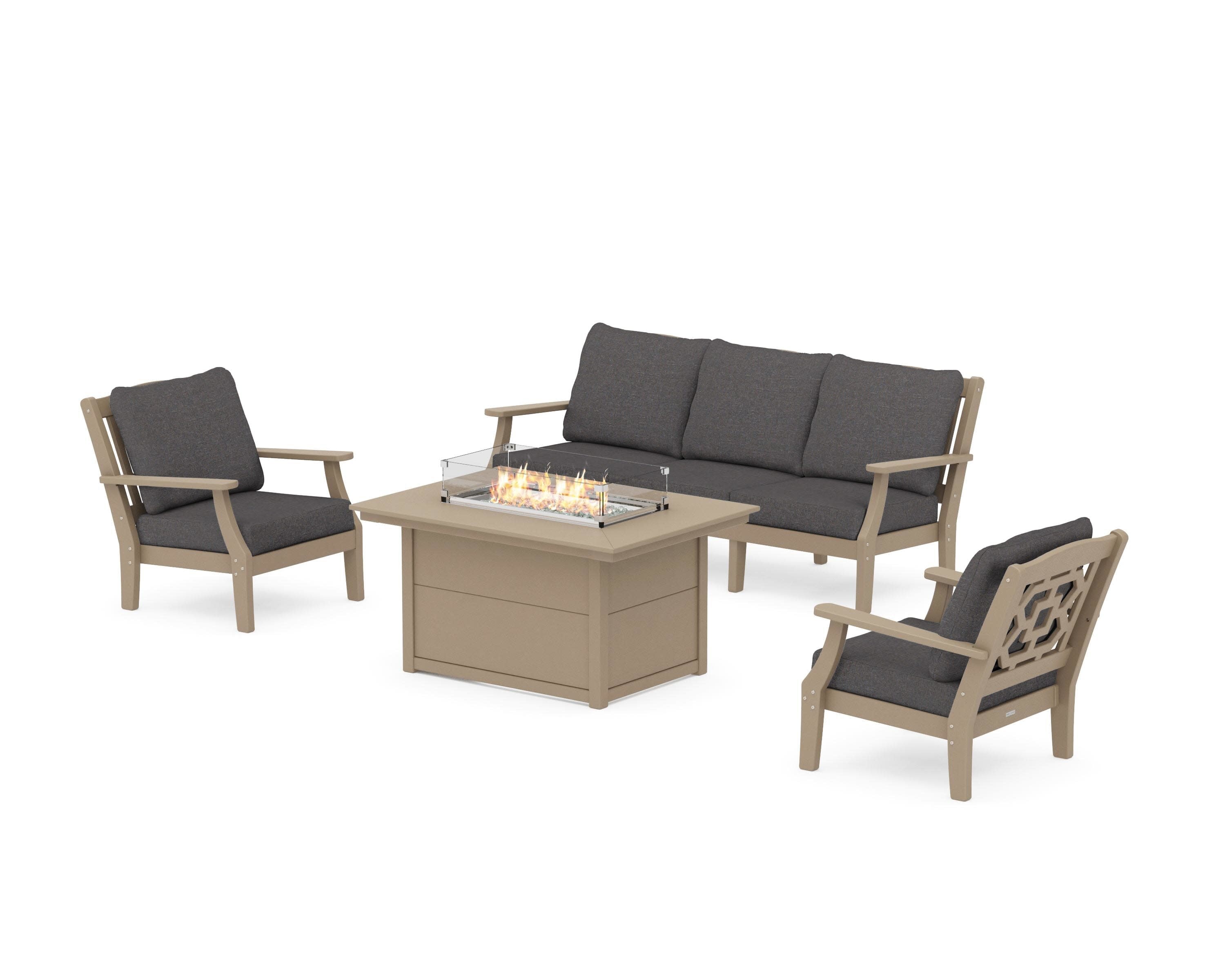Chinoiserie Deep Seating Fire Pit Table Set in Vintage Sahara / Ash Charcoal