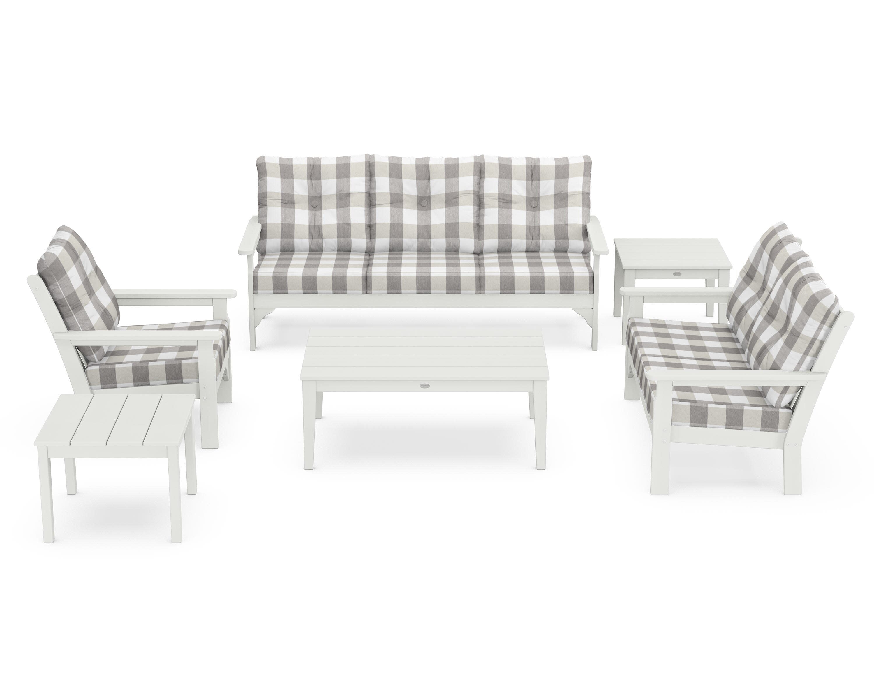 Vineyard 6-Piece Deep Seating Set in Vintage White / Buffalo Plaid Grey Mist