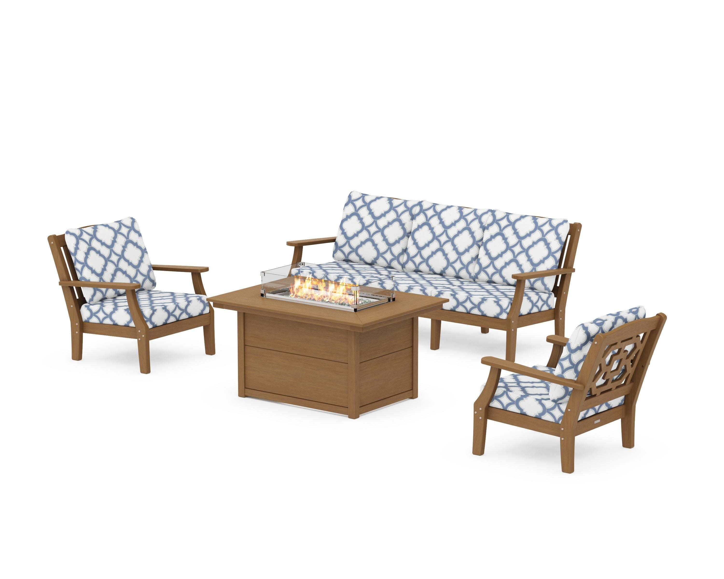 Chinoiserie Deep Seating Fire Pit Table Set in Natural / Trellis Sky Blue