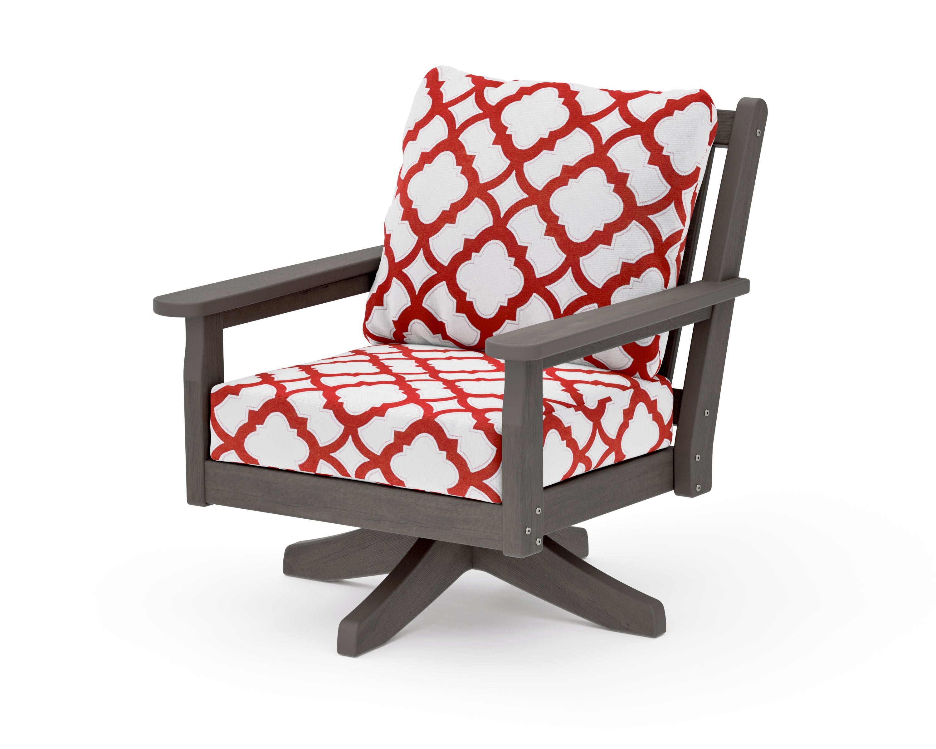 Chippendale Deep Seating Swivel Chair in Driftwood / Trellis Crimson