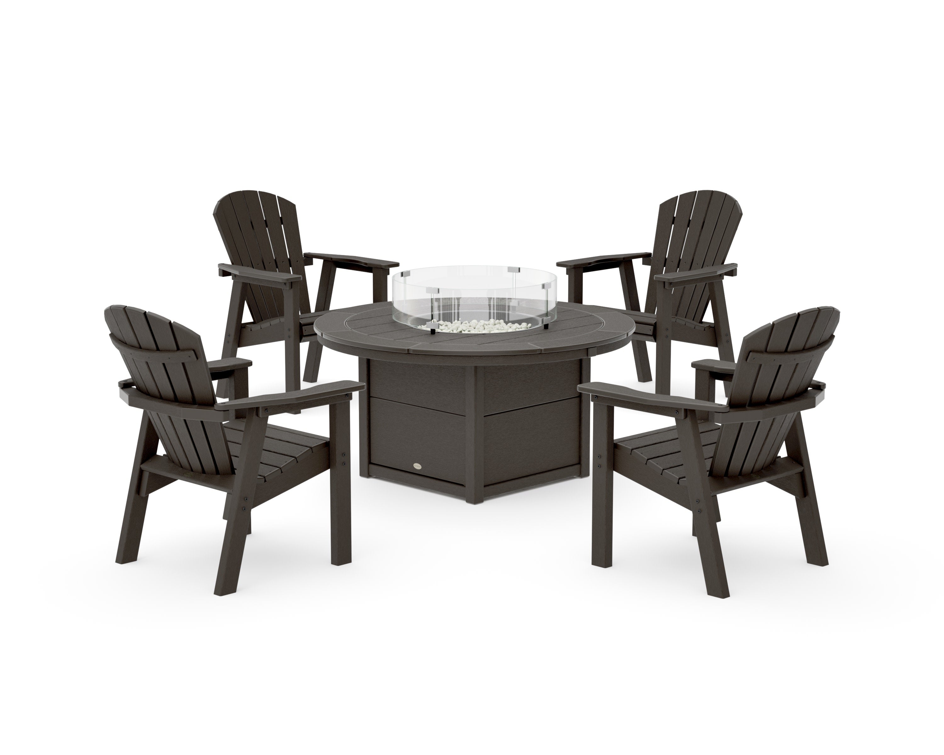 Seashell 4-Piece Upright Adirondack Conversation Set with Fire Pit Table in Vintage Coffee