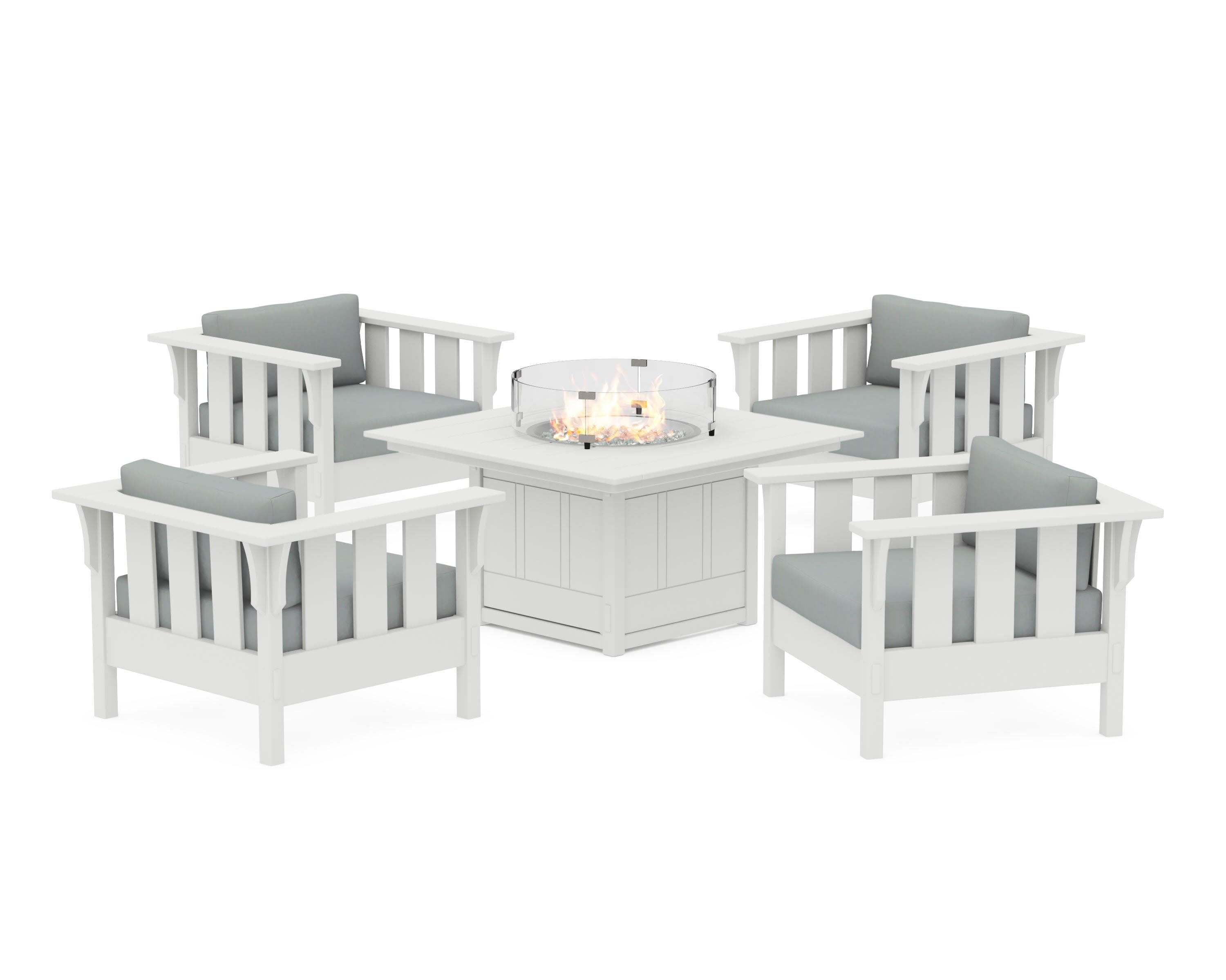 Acadia 5-Piece Deep Seating Set with Fire Pit Table in White / Spa