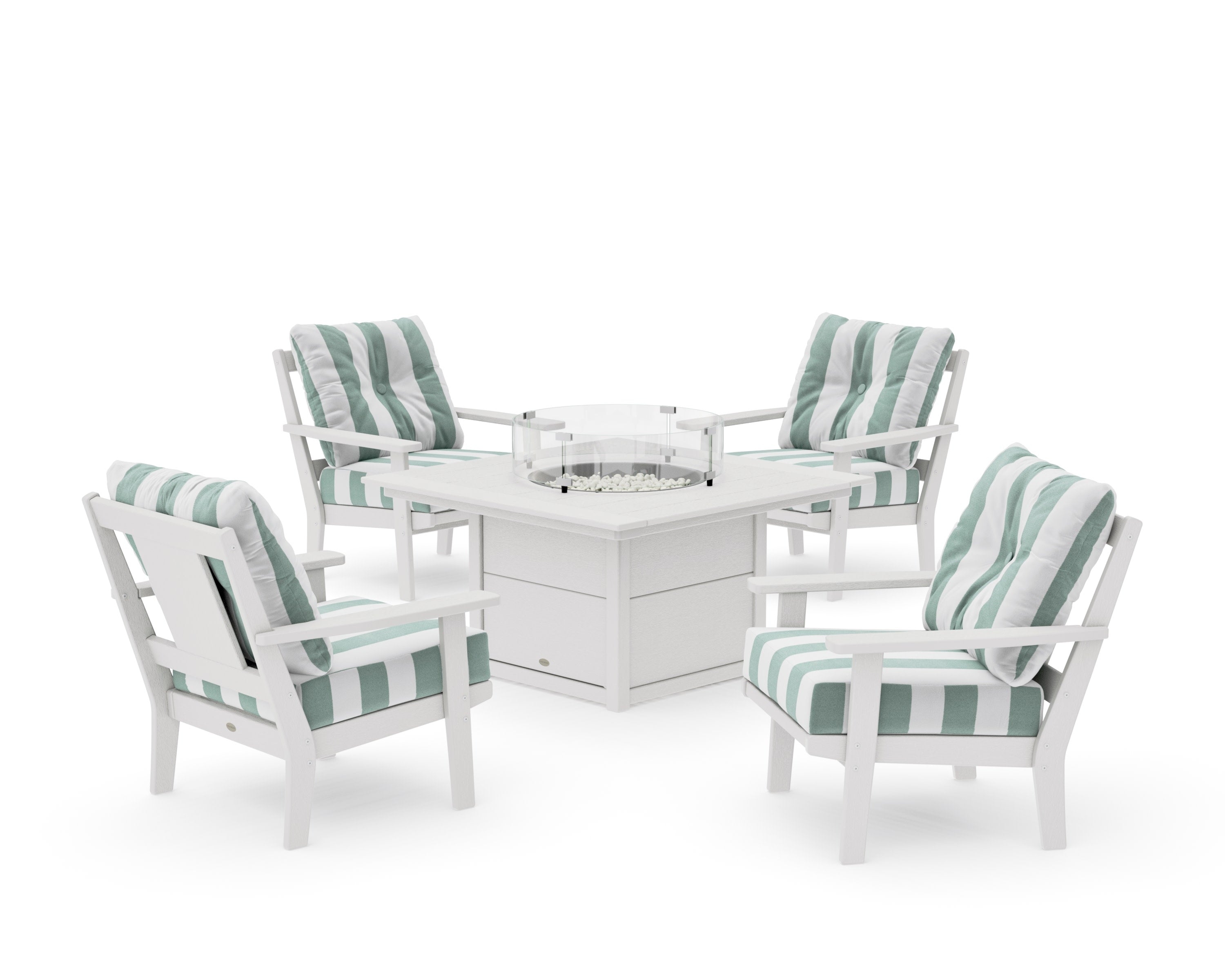 Prairie 5-Piece Deep Seating Set with Fire Pit Table in Vintage White / Cabana Stripe Glacier Spa