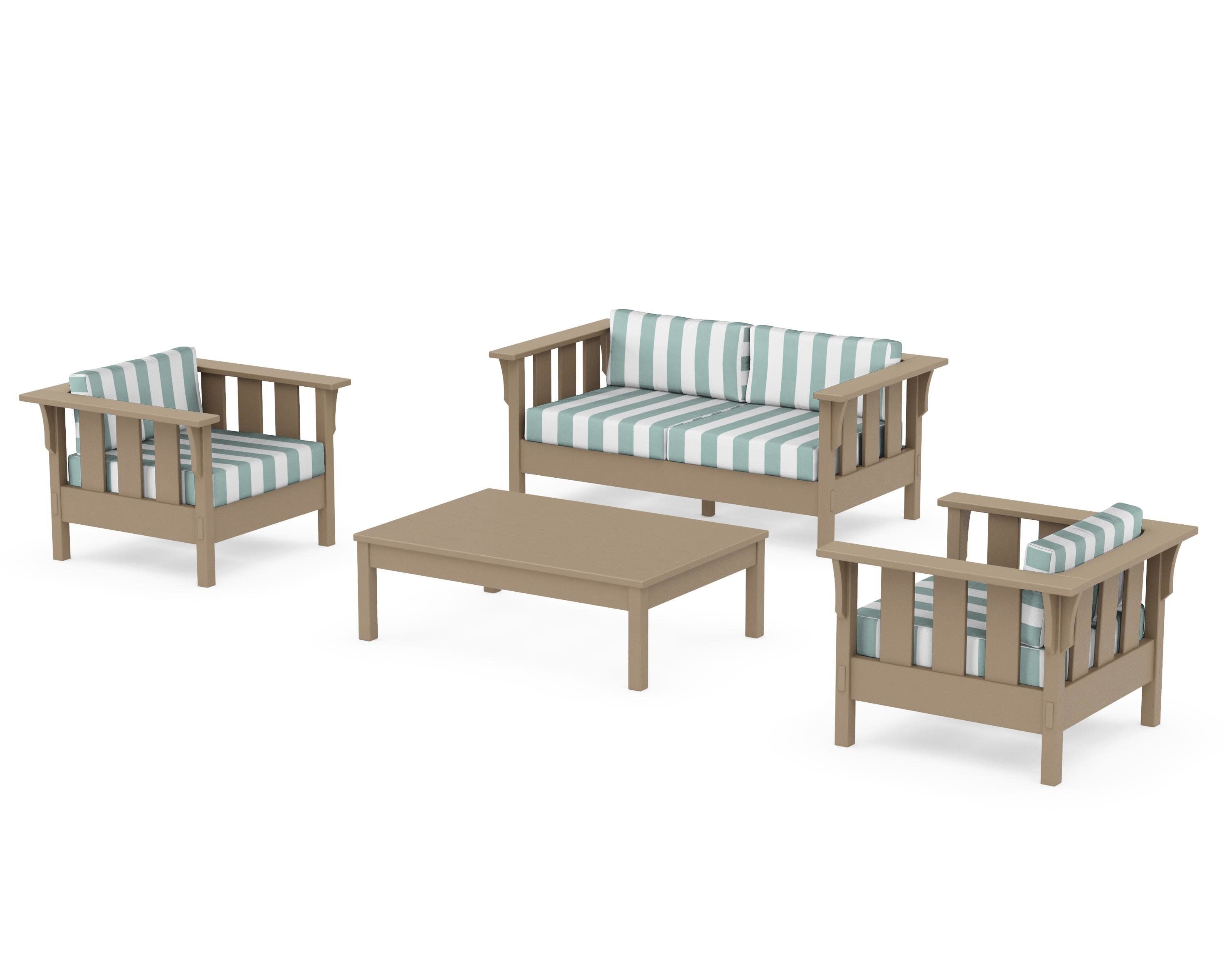 Acadia 4-Piece Deep Seating Set with Loveseat in Vintage Sahara / Cabana Stripe Glacier Spa