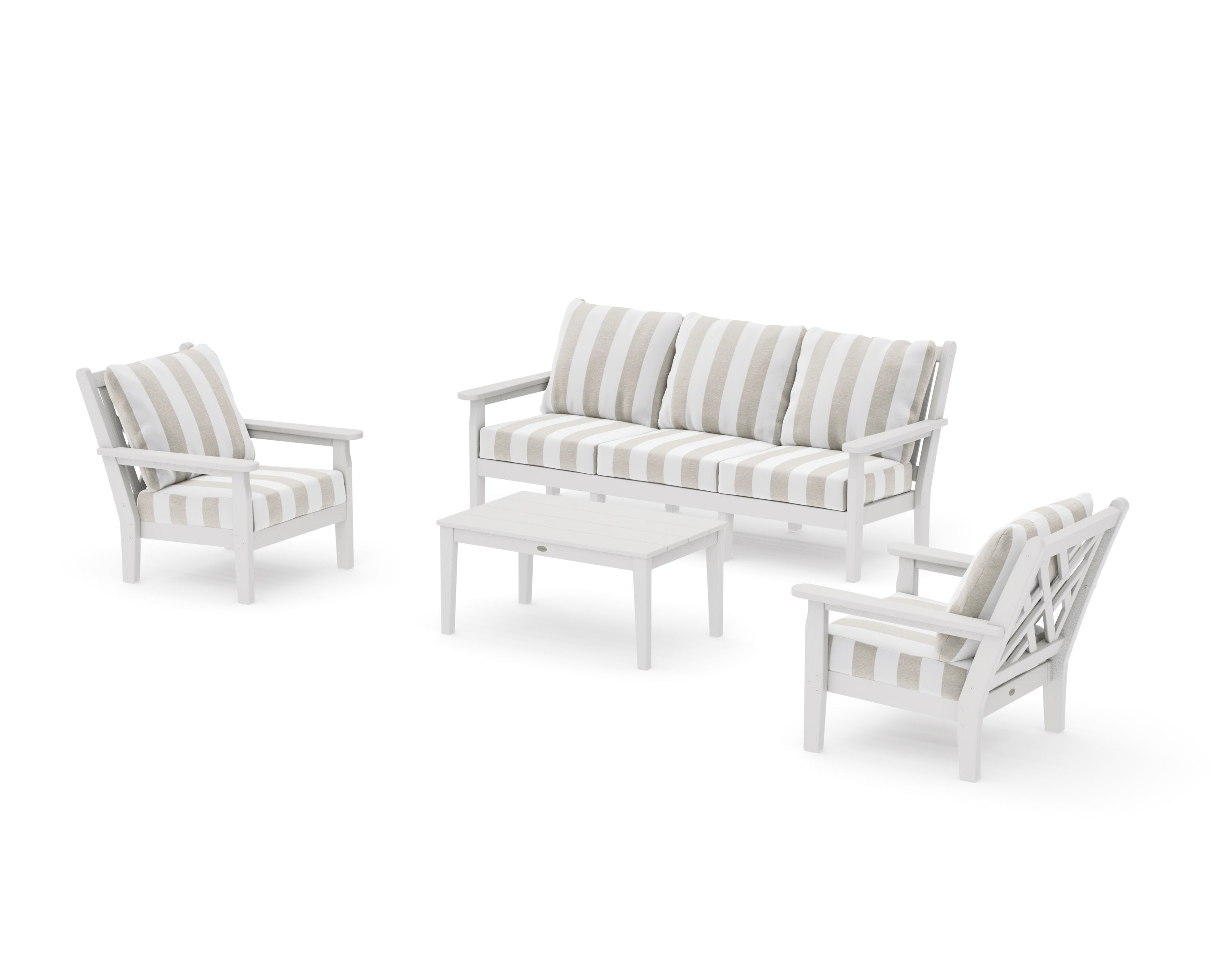 Chippendale 4-Piece Deep Seating Set with Sofa in Vintage White / Cabana Stripe Dune Burlap