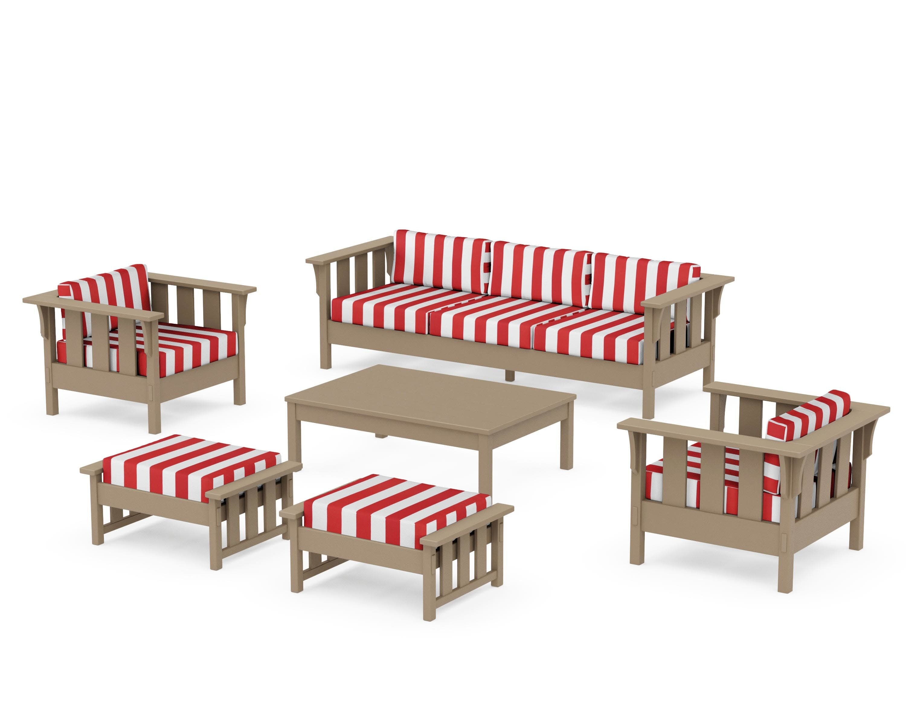 Acadia 6-Piece Lounge Sofa Set in Vintage Sahara / Cabana Stripe Crimson