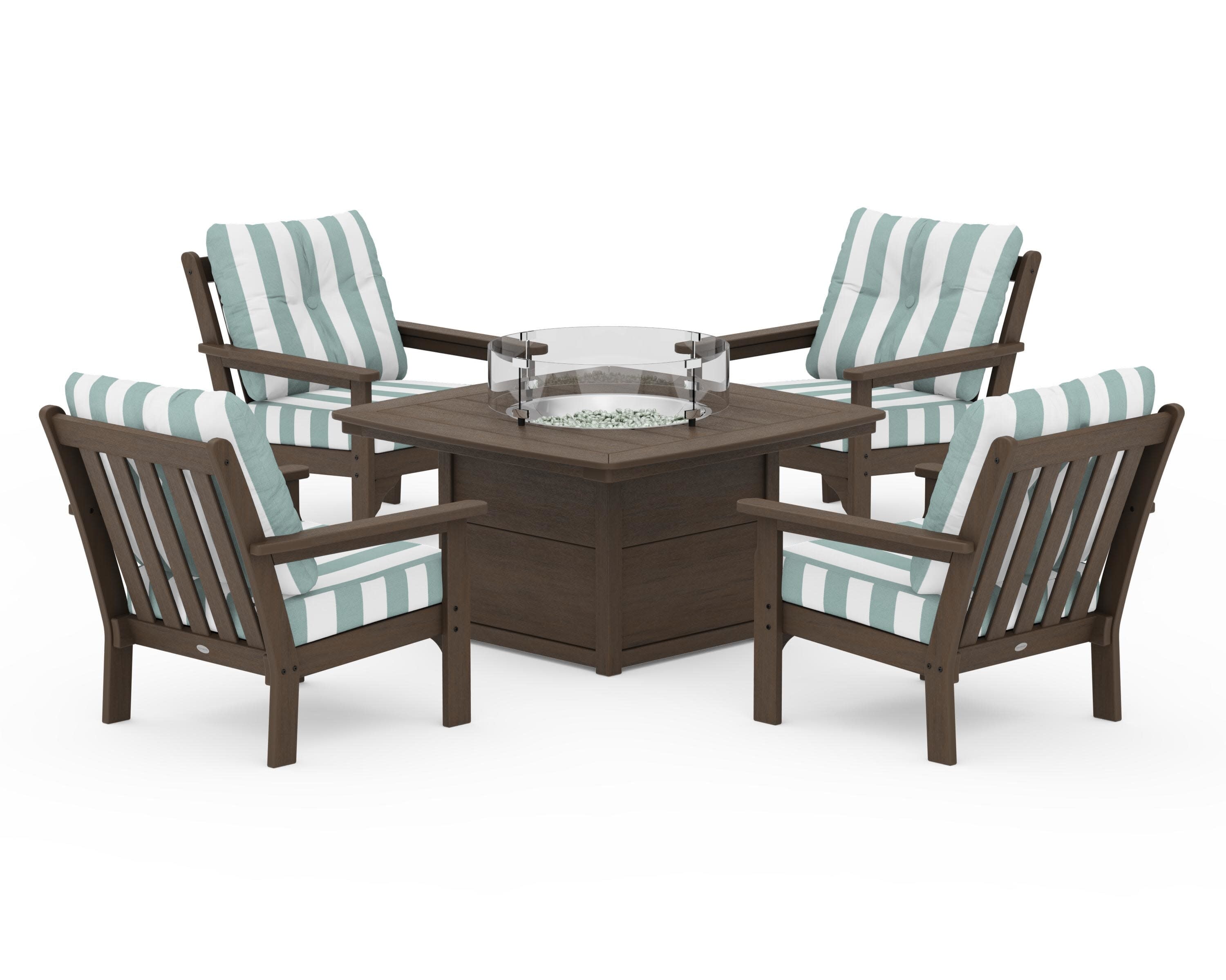 Vineyard 5-Piece Conversation Set with Fire Pit Table in Kona / Cabana Stripe Glacier Spa