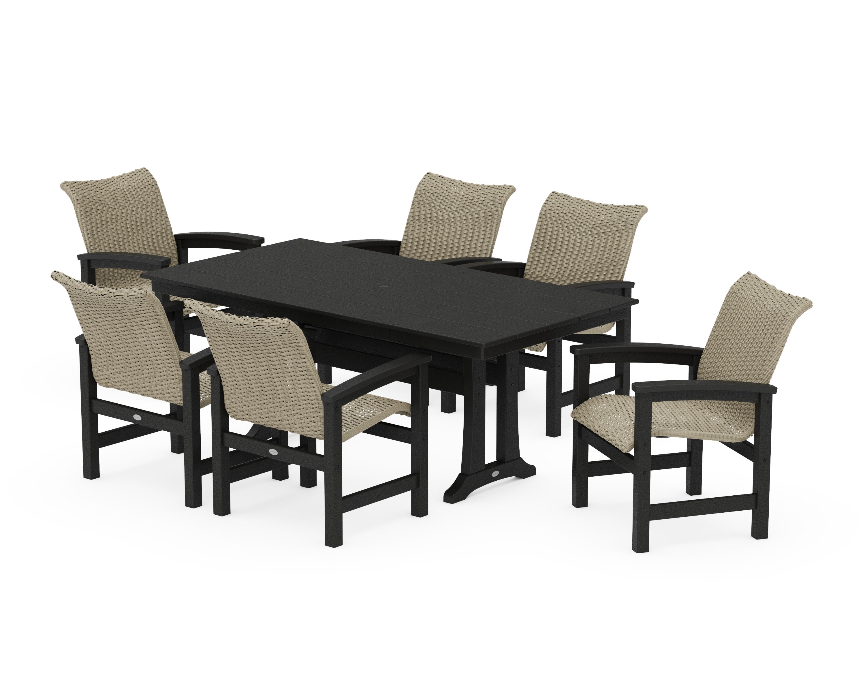 Coastal Woven Arm Chair 7-Piece Farmhouse Dining Set with Trestle Legs in Black / Dune Grass