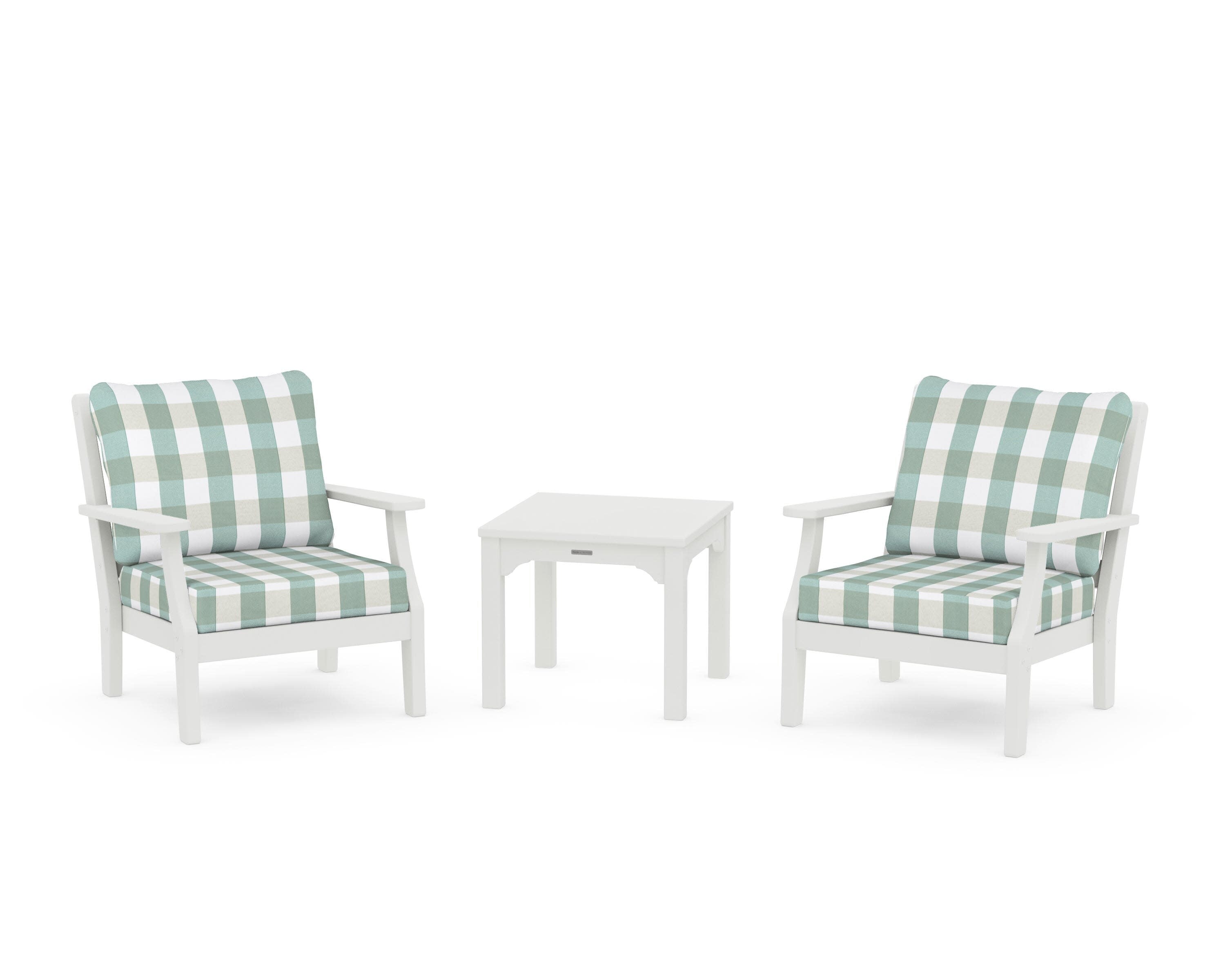 Chinoiserie 3-Piece Deep Seating Set in Vintage White / Buffalo Plaid Glacier Spa