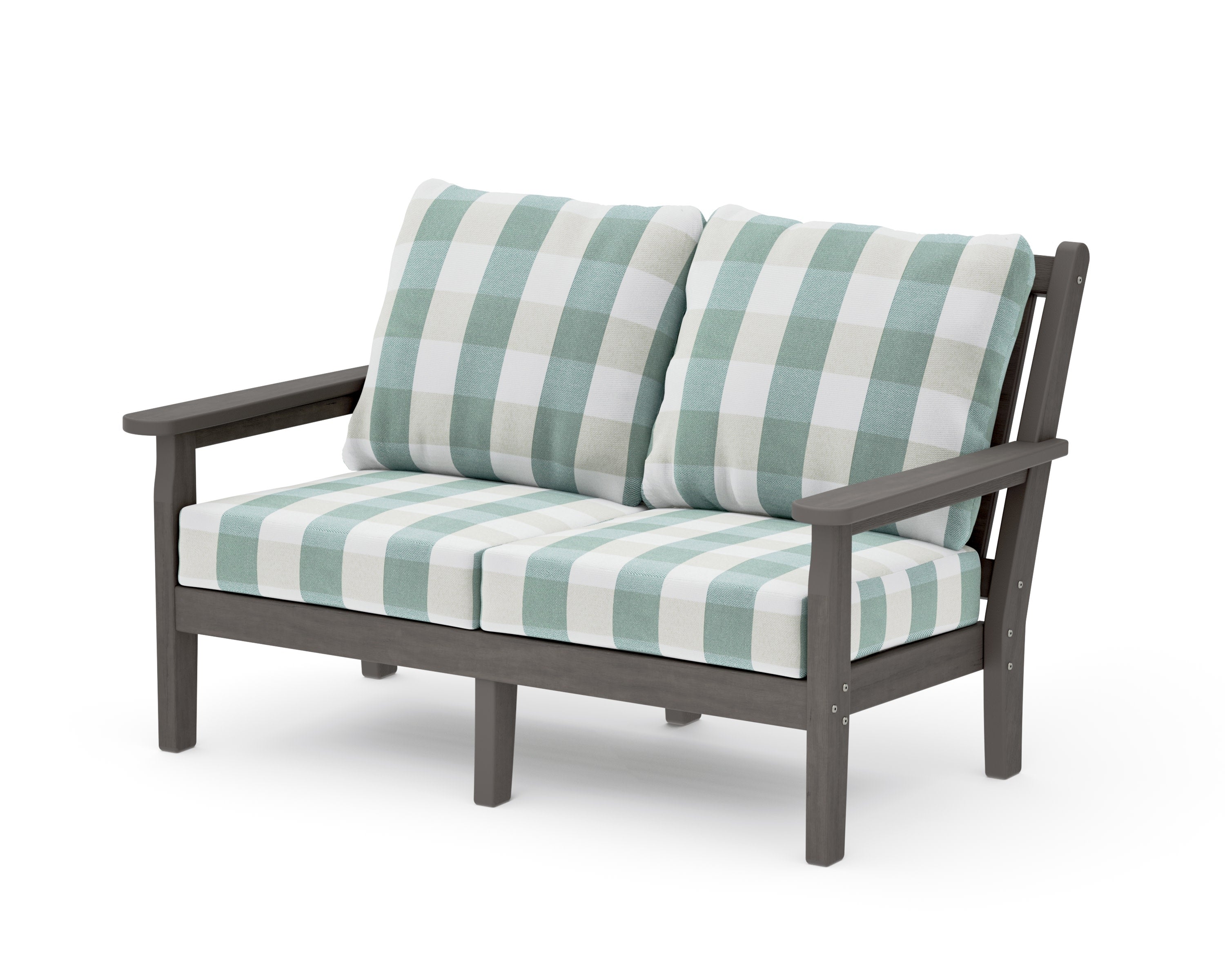 Chippendale Deep Seating Loveseat in Driftwood / Buffalo Plaid Glacier Spa