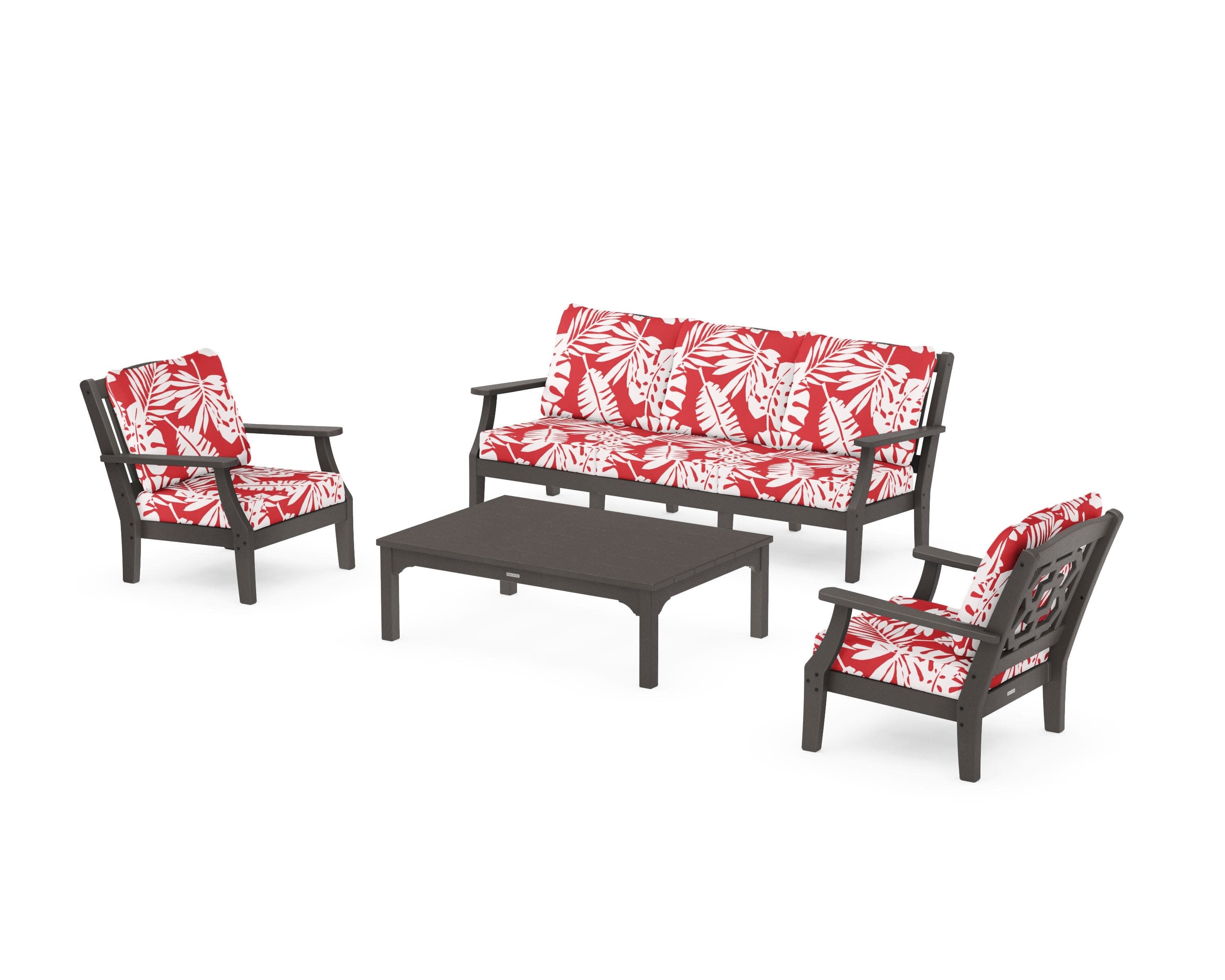 Chinoiserie 4-Piece Deep Seating Set with Sofa in Vintage Coffee / Leaf Crimson