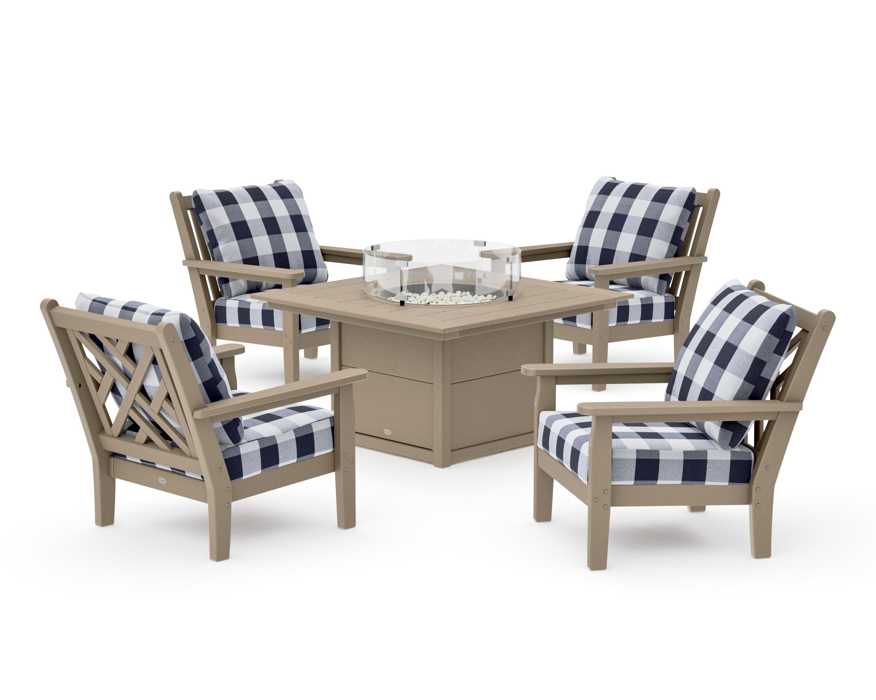 Chippendale 5-Piece Deep Seating Set with Fire Pit Table in Vintage Sahara / Buffalo Plaid Navy