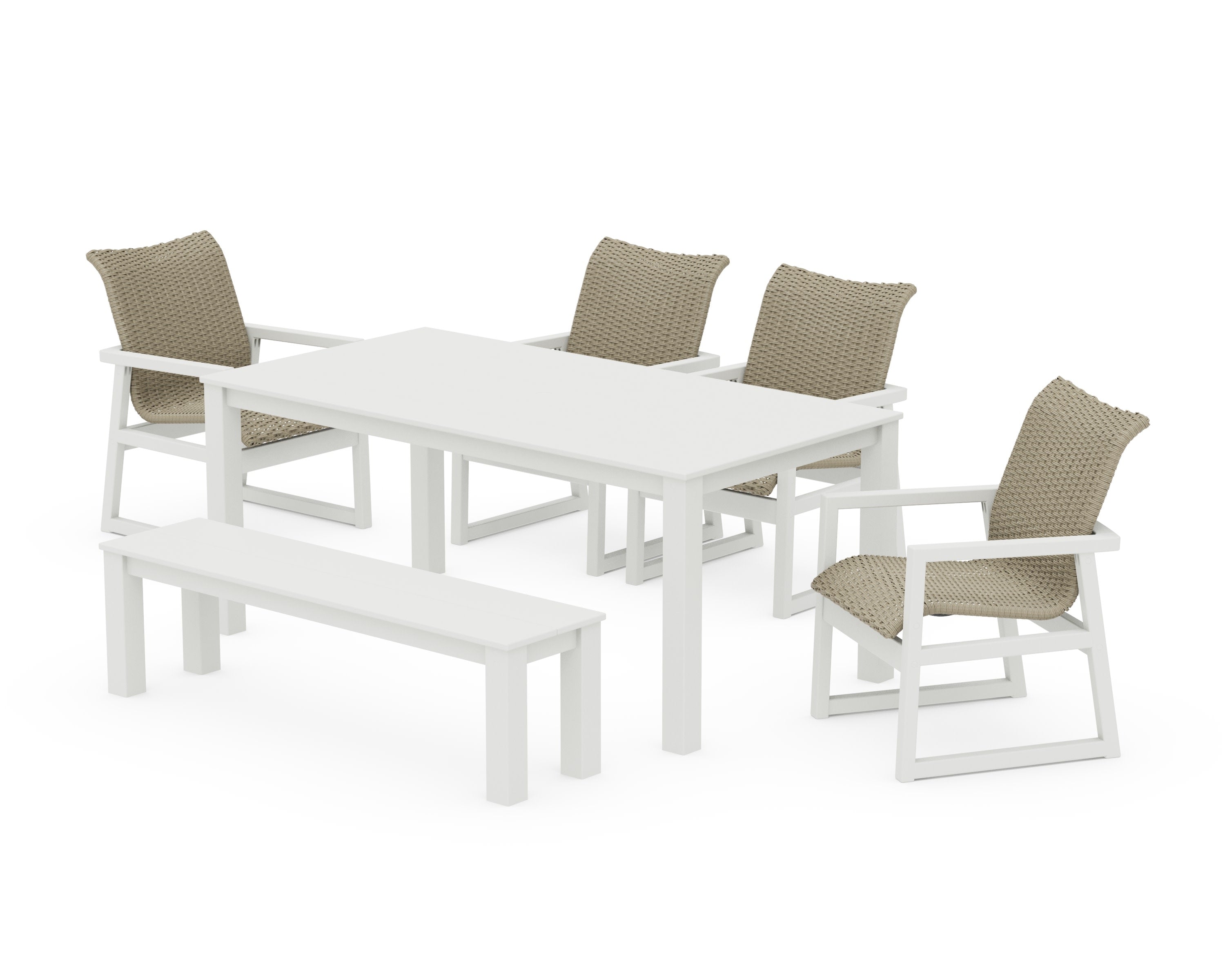 EDGE Woven 6-Piece Parsons Dining Set with Bench in White / Dune Grass