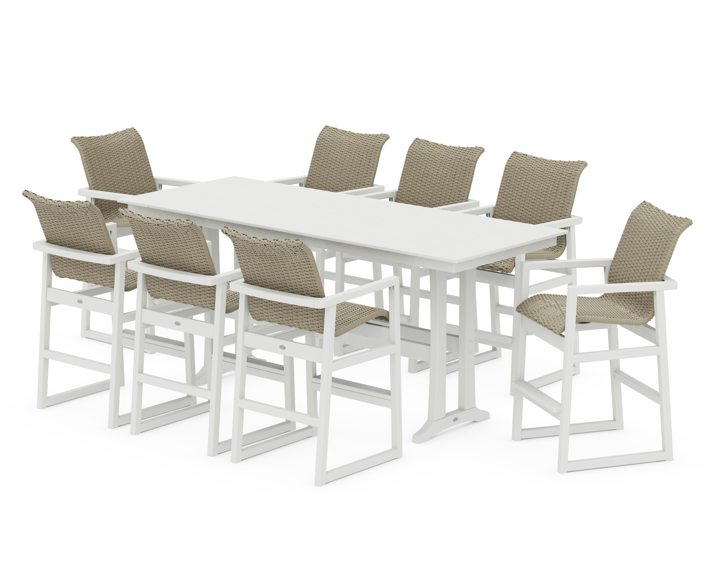 EDGE Woven 9-Piece Farmhouse Bar Set with Trestle Legs in White / Dune Grass
