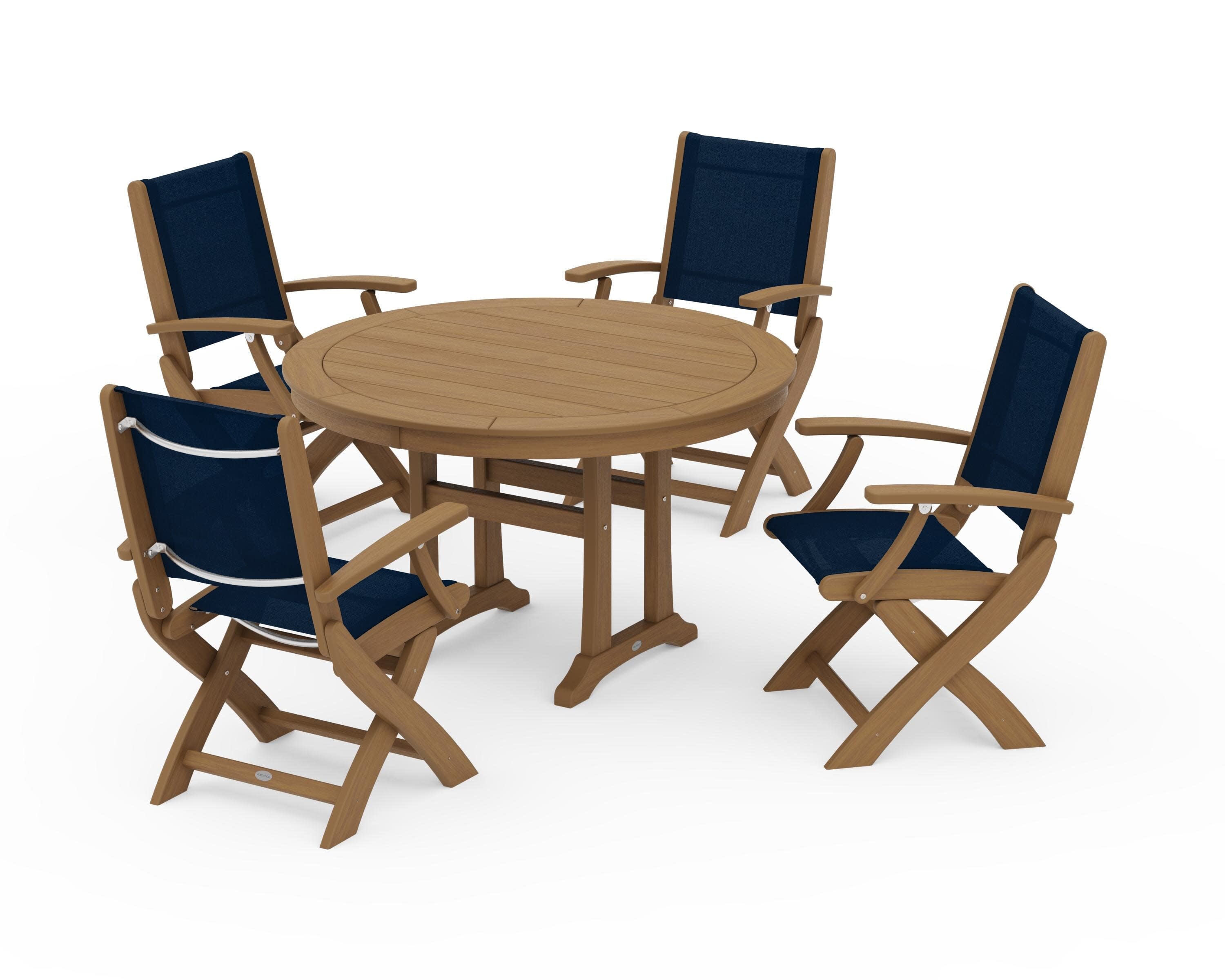 Coastal Folding Chair 5-Piece Round Dining Set with Trestle Legs in Natural / Navy Blue Sling