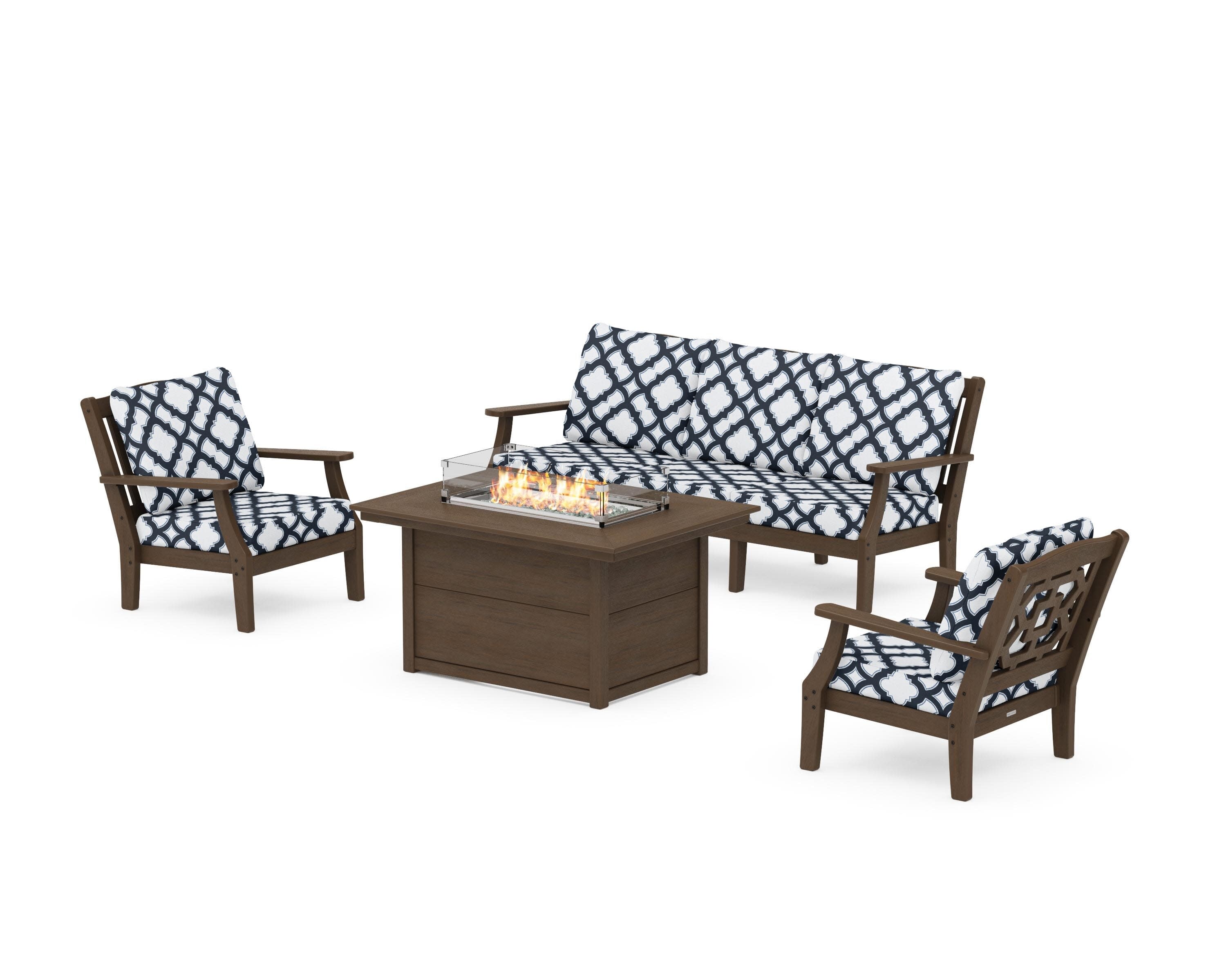 Chinoiserie Deep Seating Fire Pit Table Set in Kona / Trellis Marine Indigo