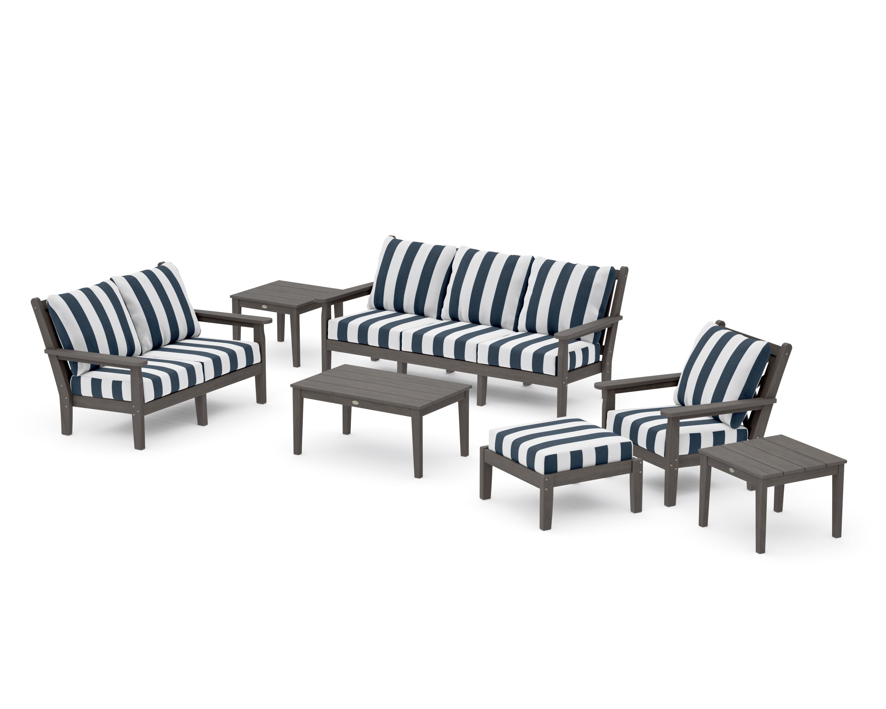 Chippendale 7-Piece Deep Seating Set in Driftwood / Cabana Stripe Marine Indigo