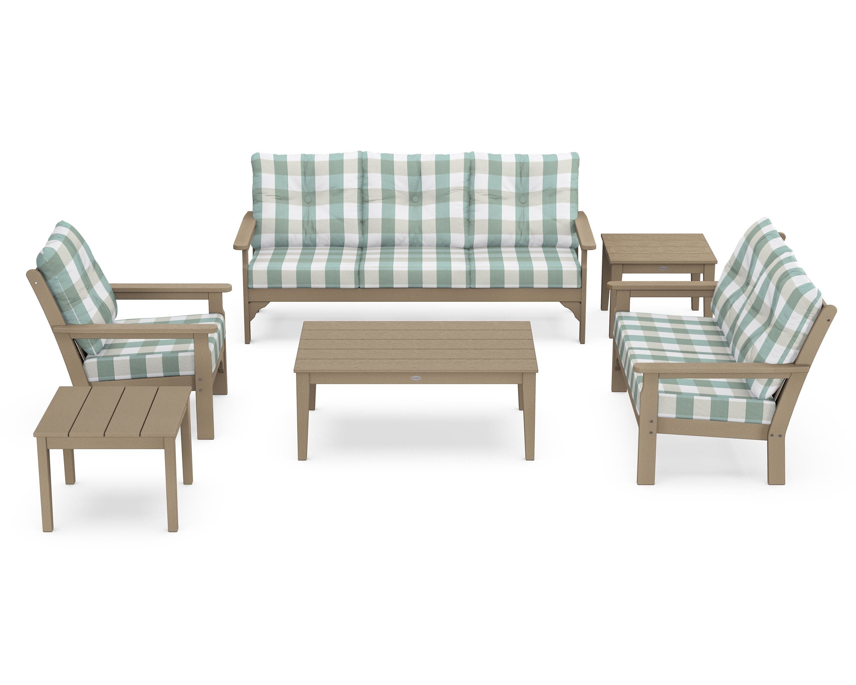 Vineyard 6-Piece Deep Seating Set in Vintage Sahara / Buffalo Plaid Glacier Spa