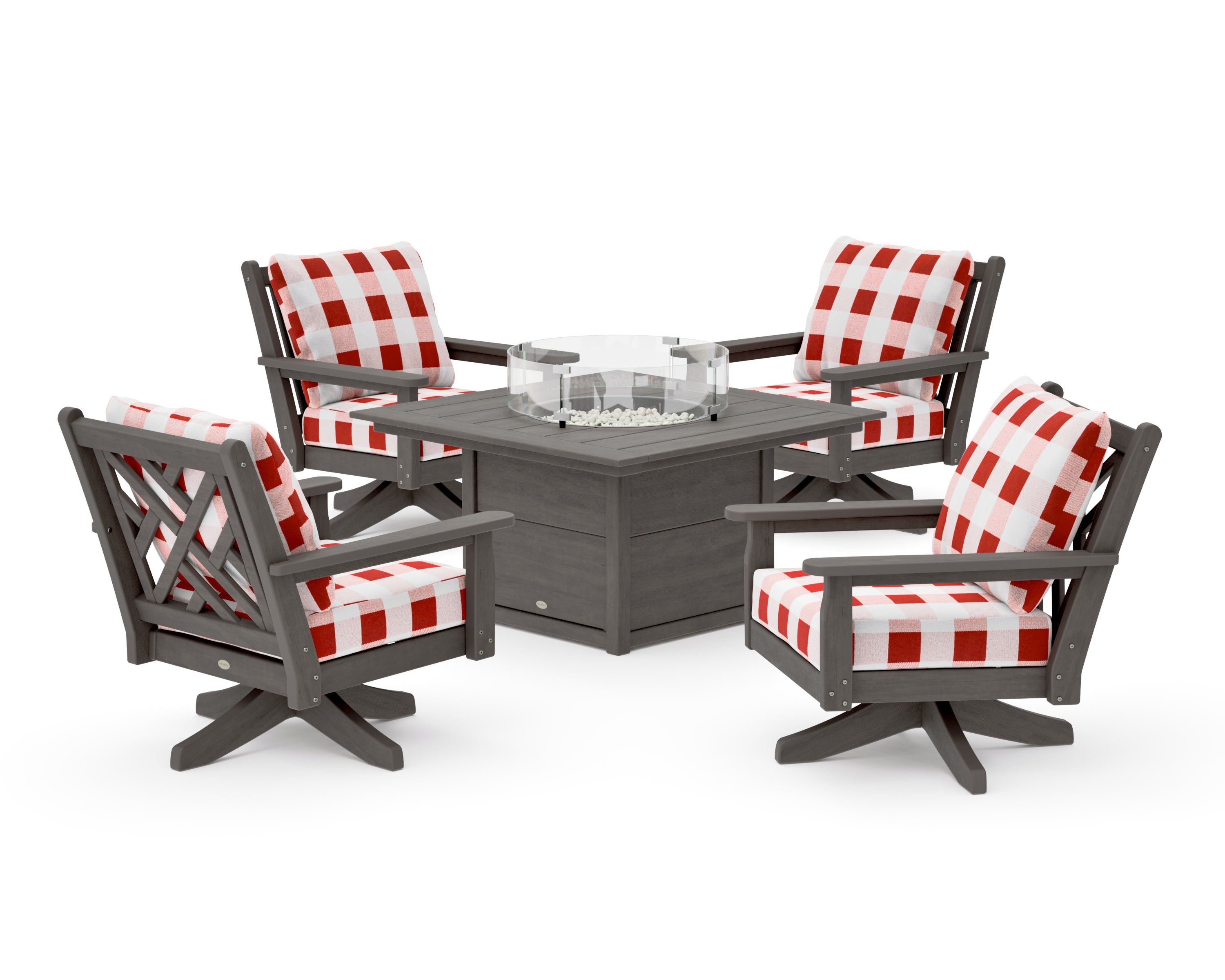 Chippendale 5-Piece Deep Seating Swivel Conversation Set with Fire Pit Table in Driftwood / Buffalo Plaid Crimson