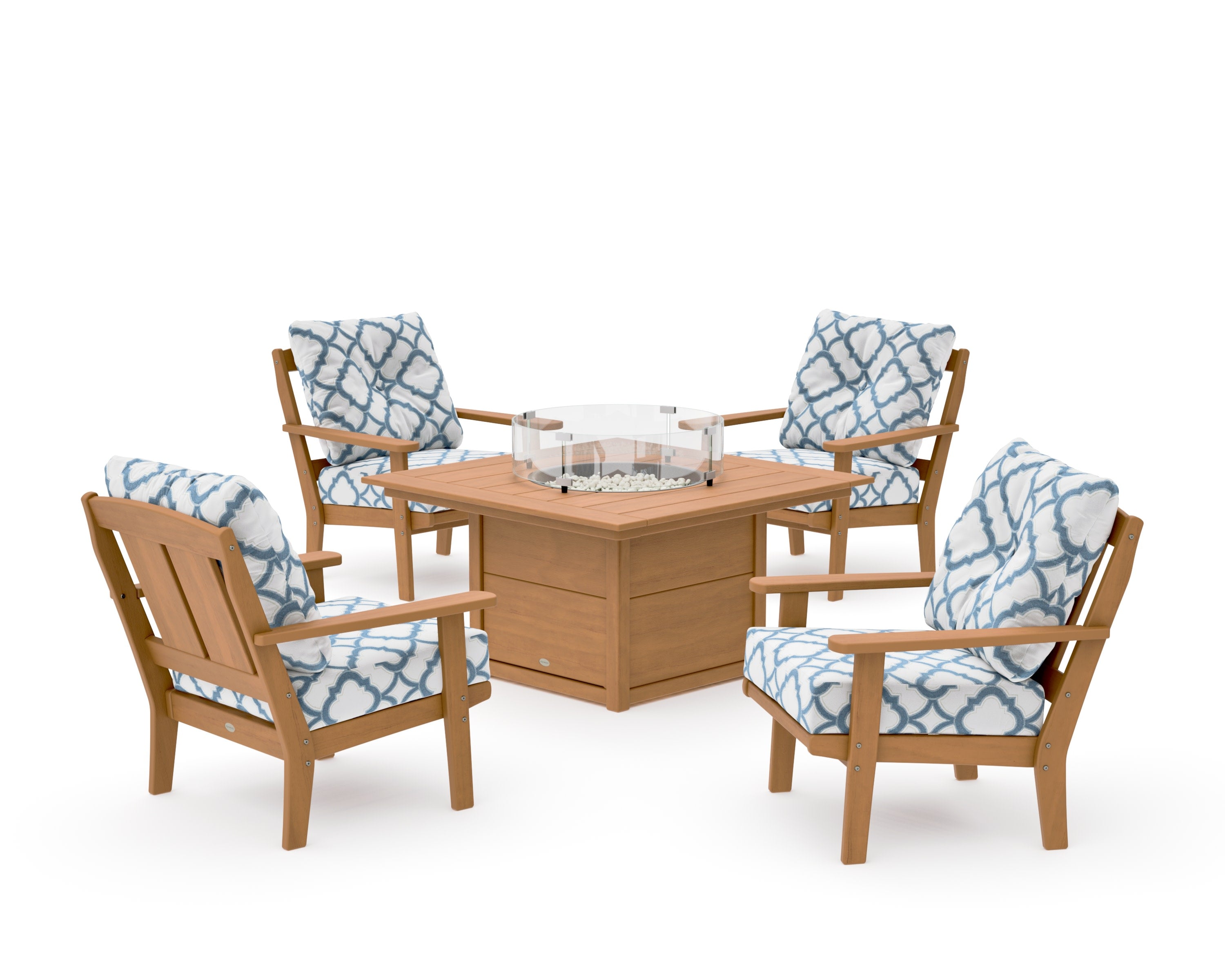 Mission 5-Piece Deep Seating Set with Fire Pit Table in Natural / Trellis Sky Blue