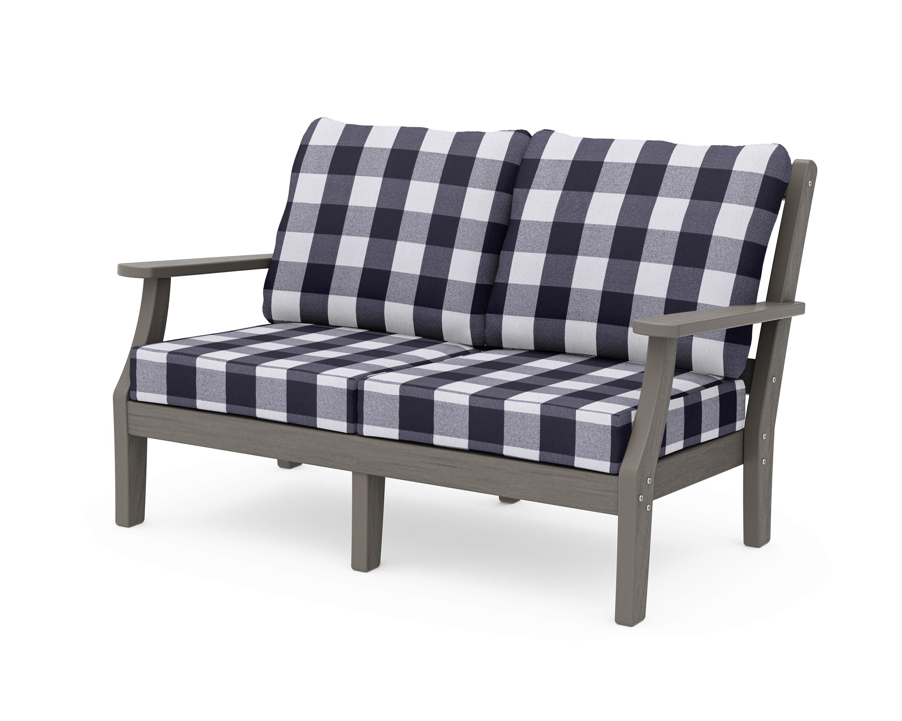 Chinoiserie Deep Seating Loveseat in Driftwood / Buffalo Plaid Navy