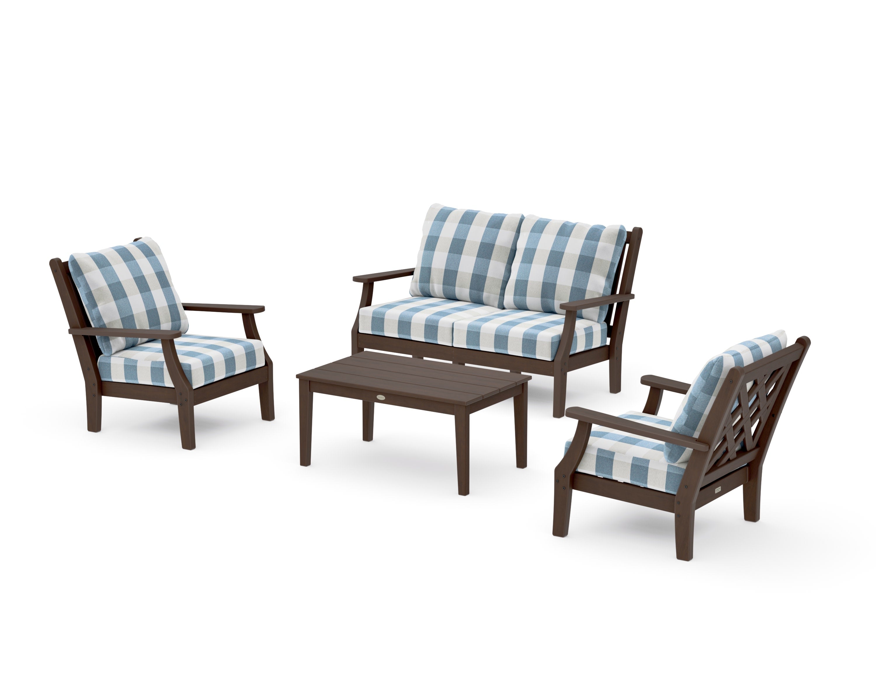 Wovendale 4-Piece Deep Seating Set with Loveseat in Kona / Buffalo Plaid Sky Blue