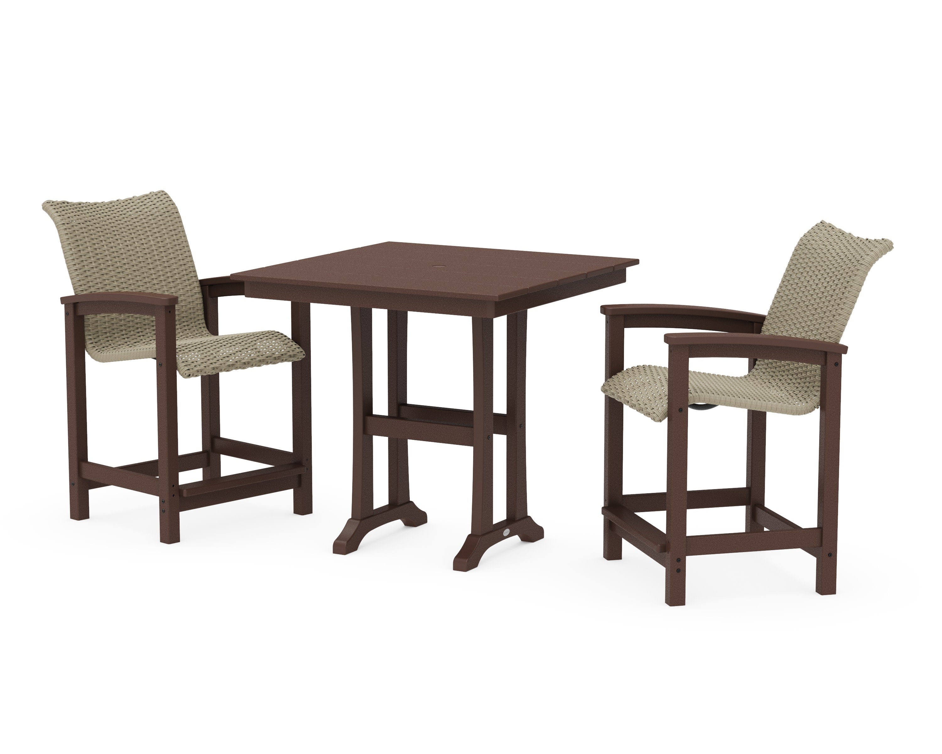 Coastal Woven 3-Piece Farmhouse Counter Set with Trestle Legs in Mahogany / Dune Grass