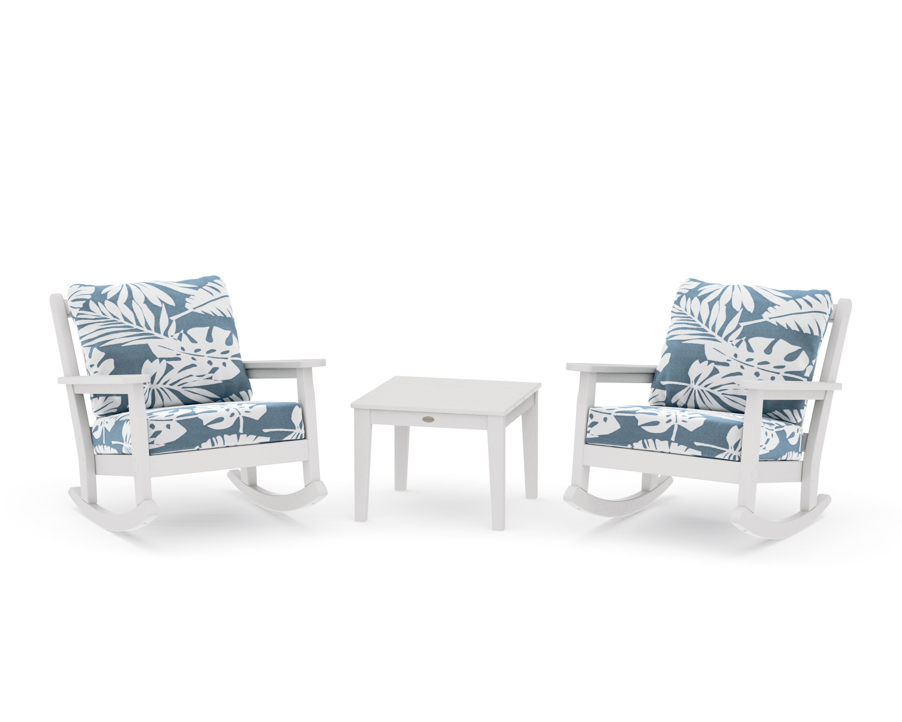 Chippendale 3-Piece Deep Seating Rocker Set in Vintage White / Leaf Sky Blue