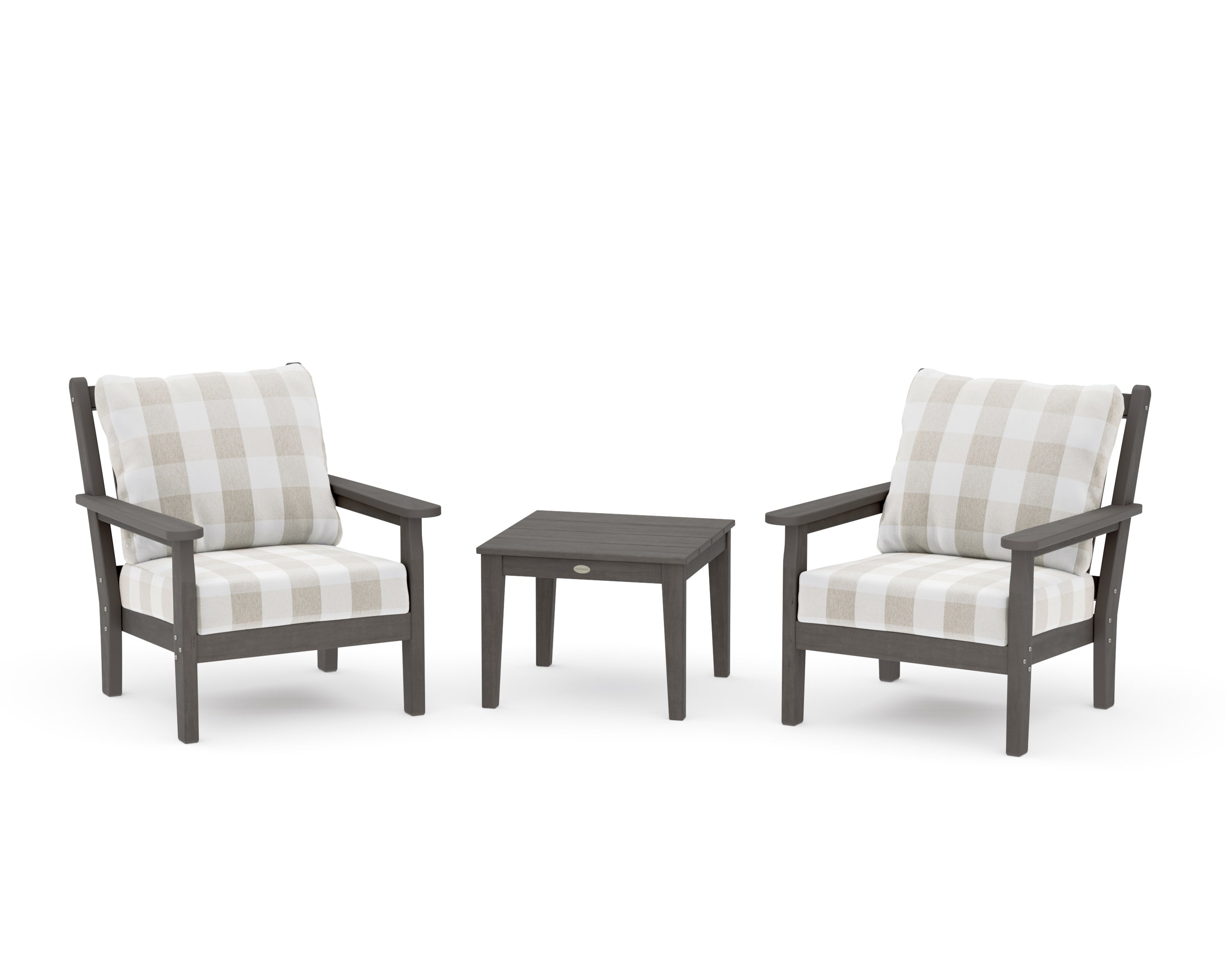 Chippendale 3-Piece Deep Seating Set in Driftwood / Buffalo Plaid Dune Burlap