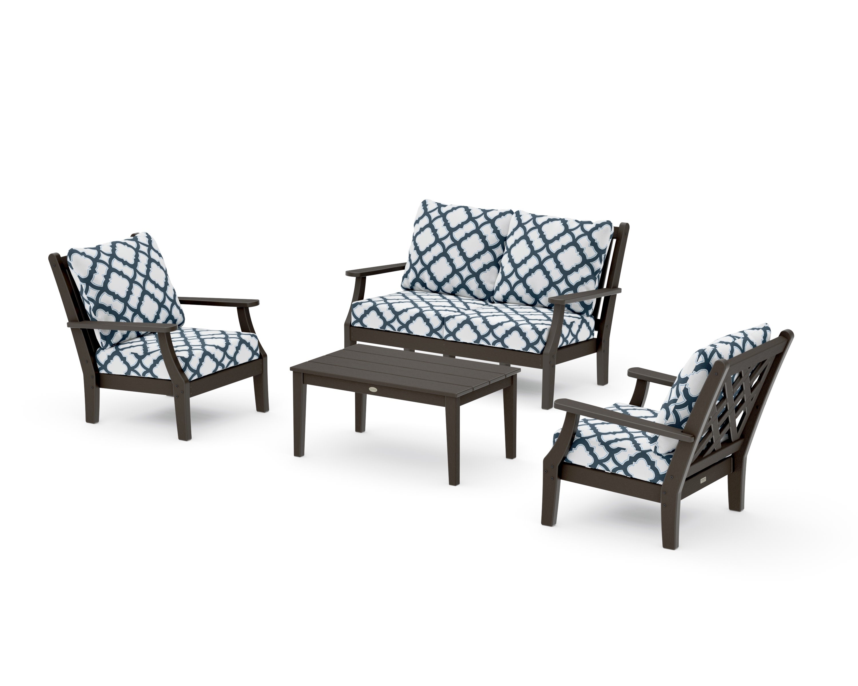 Wovendale 4-Piece Deep Seating Set with Loveseat in Vintage Coffee / Trellis Marine Indigo