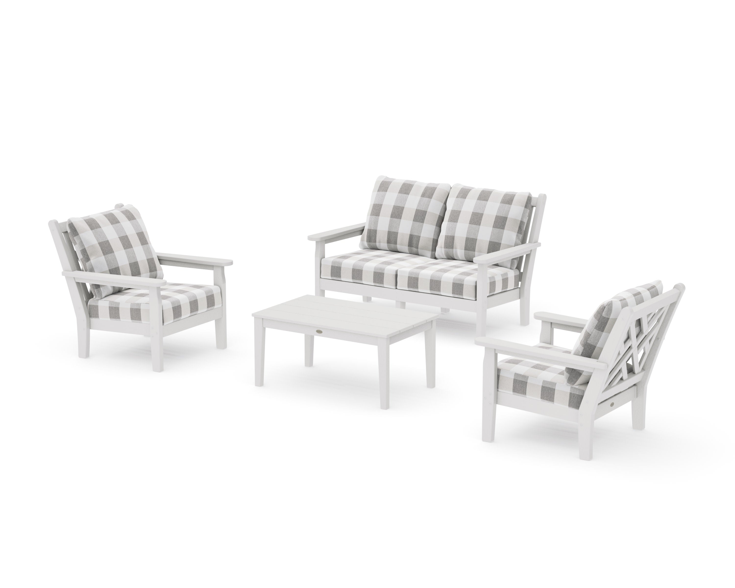 Chippendale 4-Piece Deep Seating Set with Loveseat in Vintage White / Buffalo Plaid Grey Mist