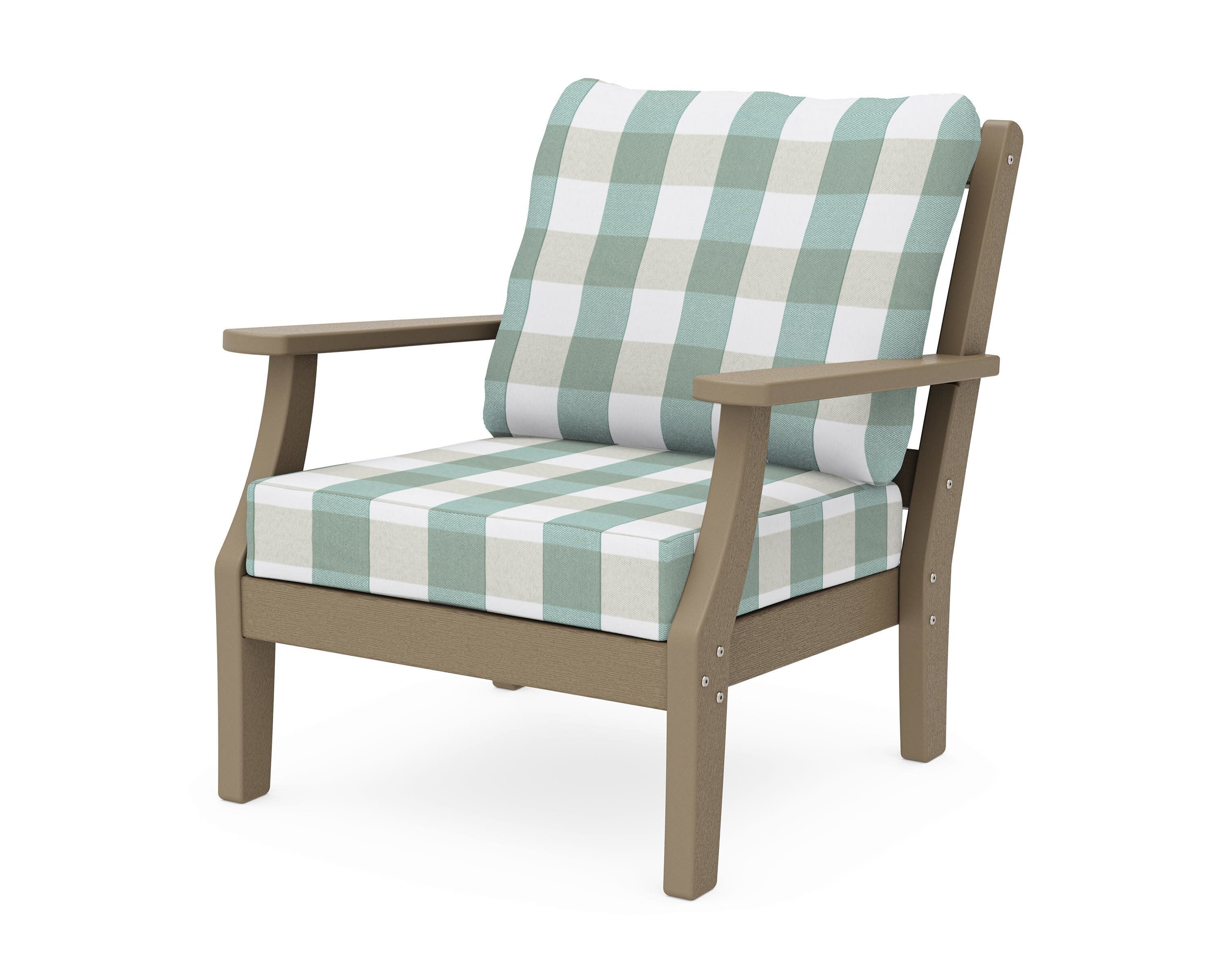 Chinoiserie Deep Seating Chair in Vintage Sahara / Buffalo Plaid Glacier Spa