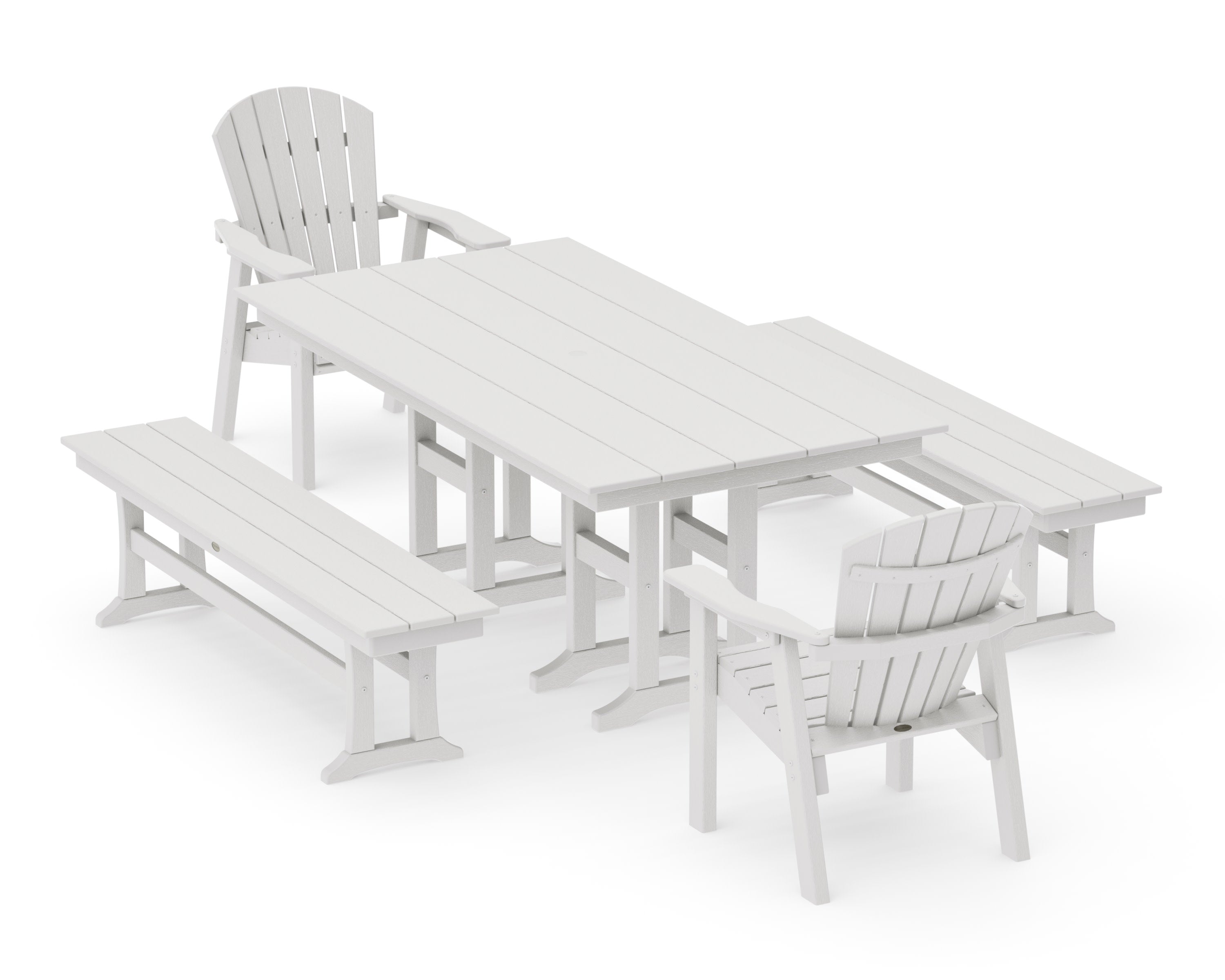 Seashell 5-Piece Farmhouse Dining Set with Benches in Vintage White