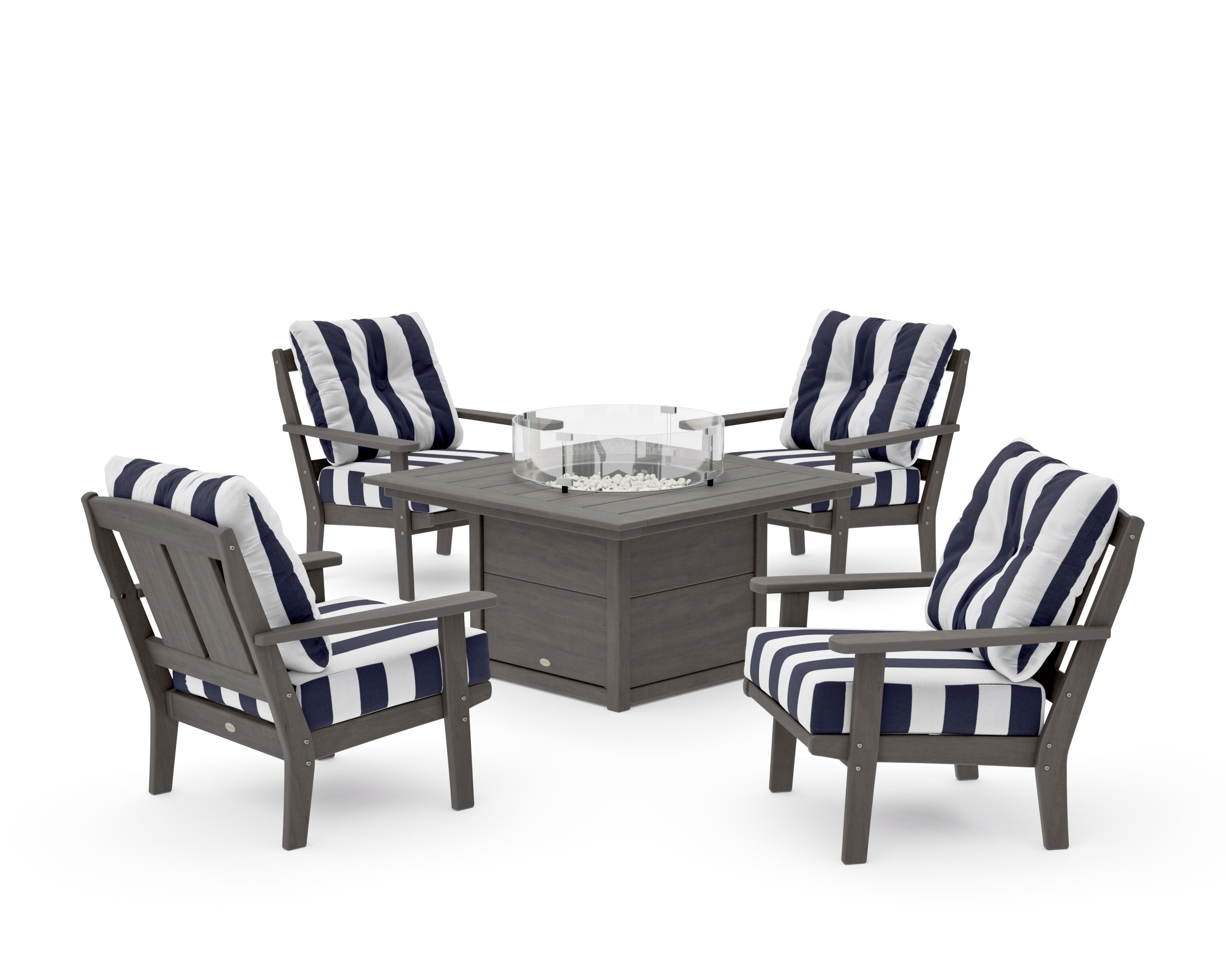 Mission 5-Piece Deep Seating Set with Fire Pit Table in Driftwood / Cabana Stripe Navy