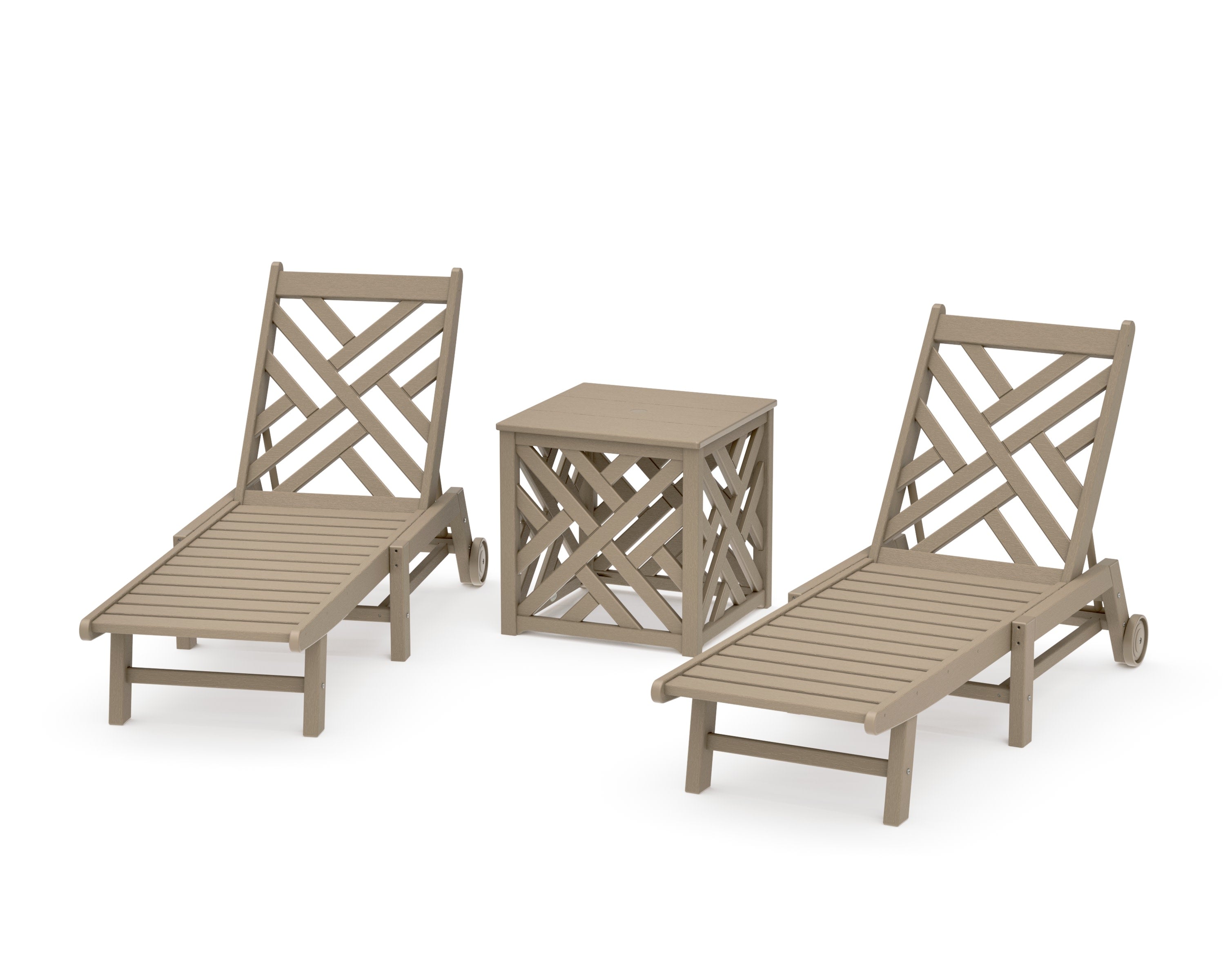 Chippendale 3-Piece Chaise Set with Wheels and Umbrella Stand Accent Table in Vintage Sahara