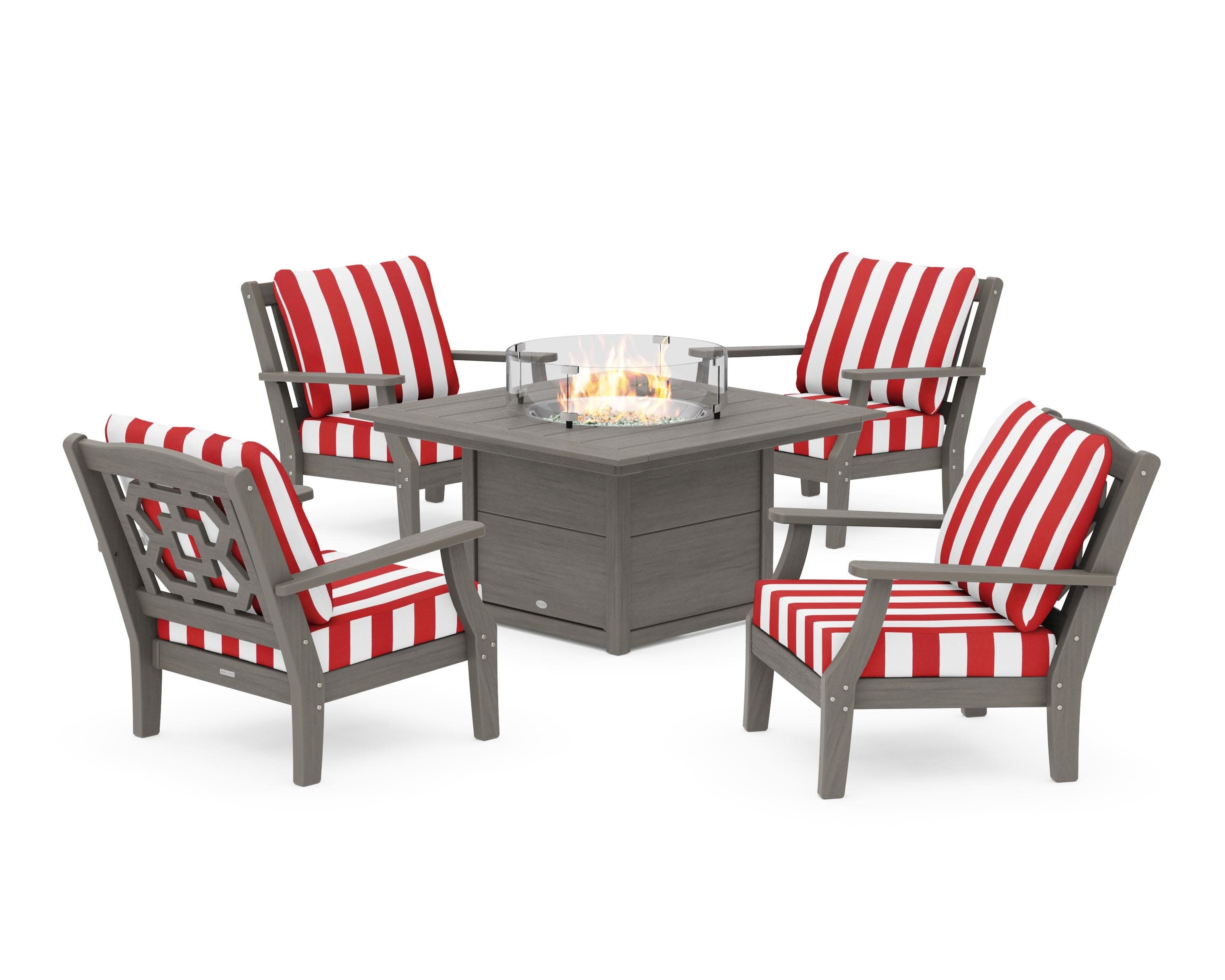 Chinoiserie 5-Piece Deep Seating Set with Fire Pit Table in Driftwood / Cabana Stripe Crimson