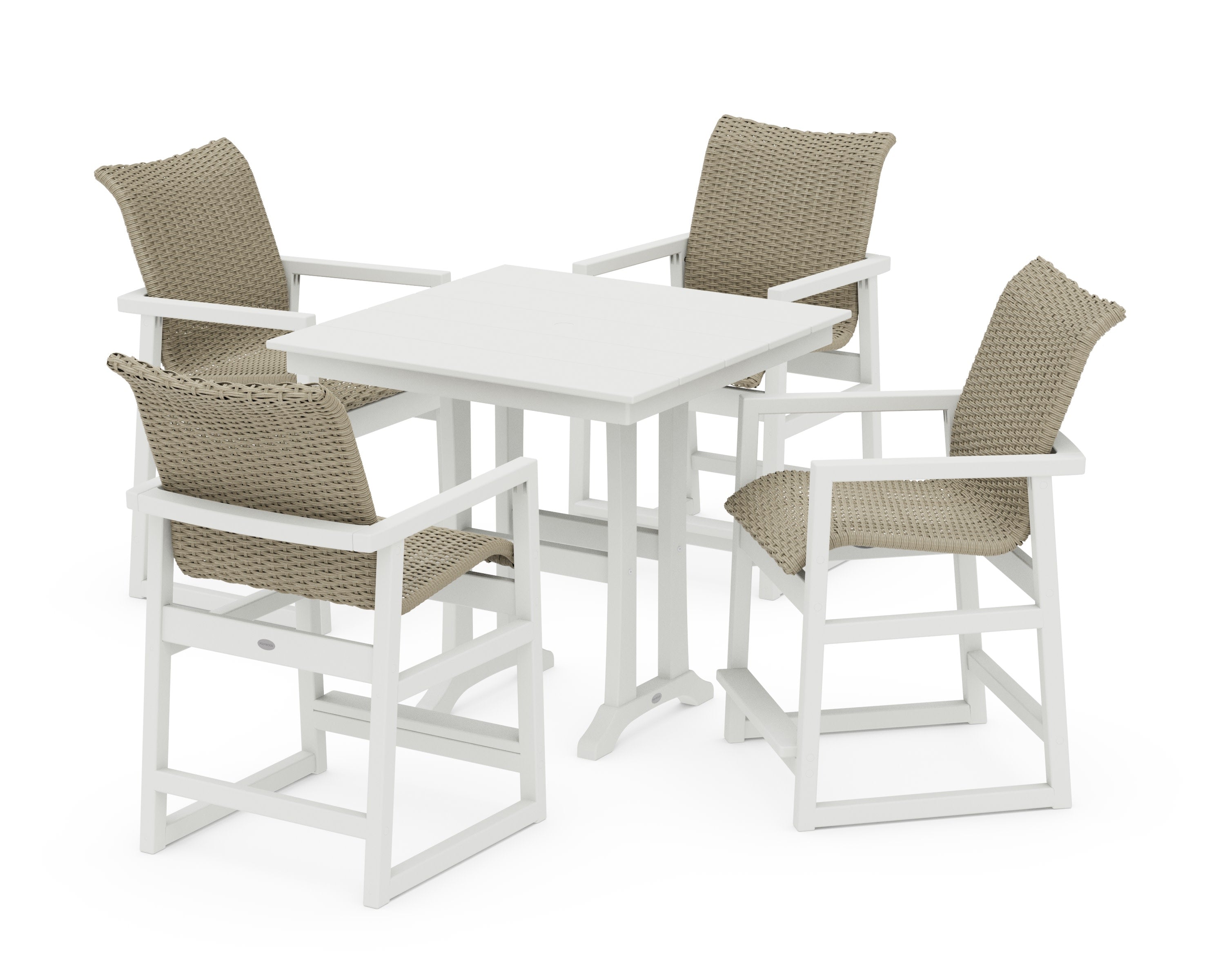 EDGE Woven 5-Piece Farmhouse Counter Set with Trestle Legs in White / Dune Grass
