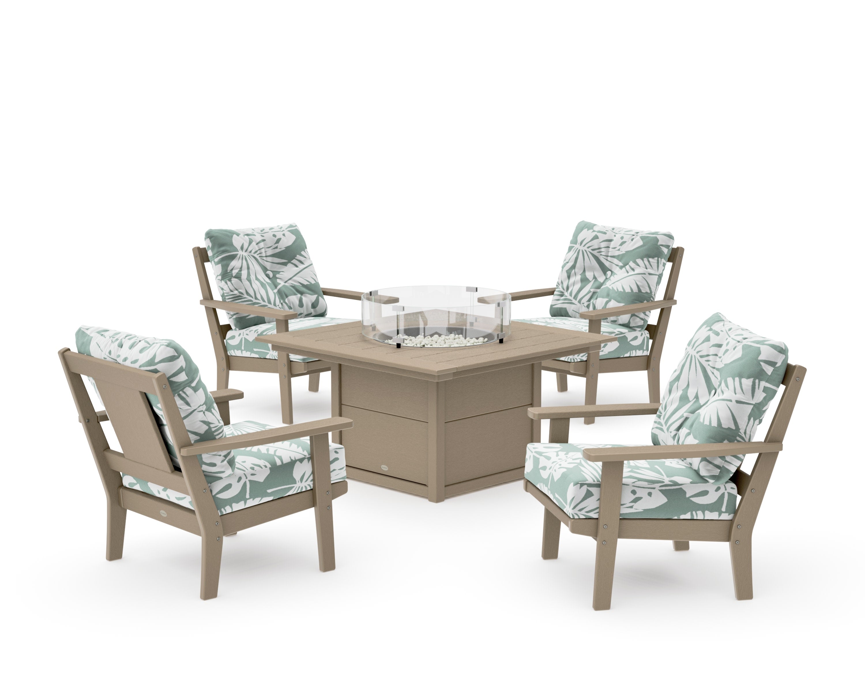 Prairie 5-Piece Deep Seating Set with Fire Pit Table in Vintage Sahara / Leaf Glacier Spa
