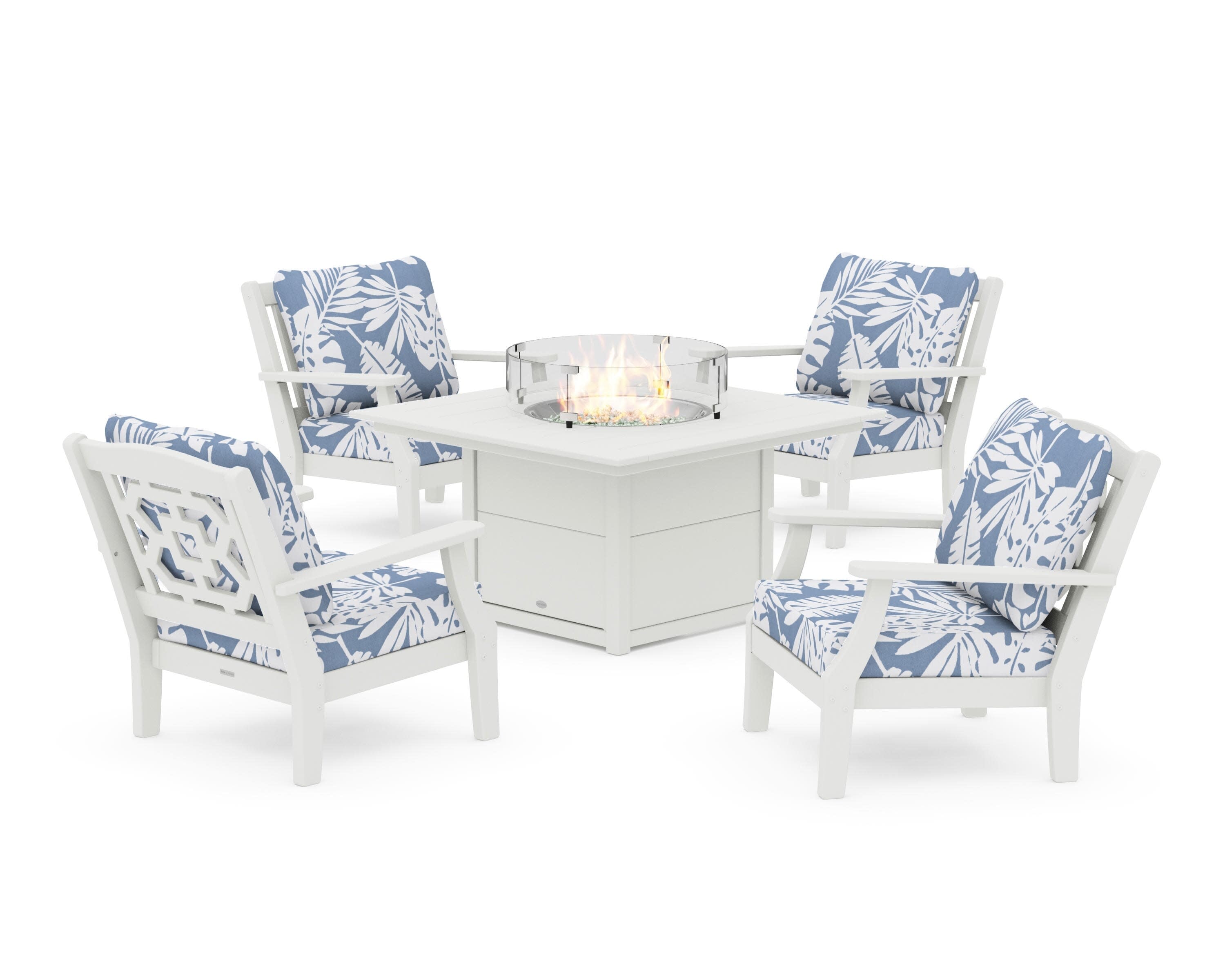 Chinoiserie 5-Piece Deep Seating Set with Fire Pit Table in Vintage White / Leaf Sky Blue