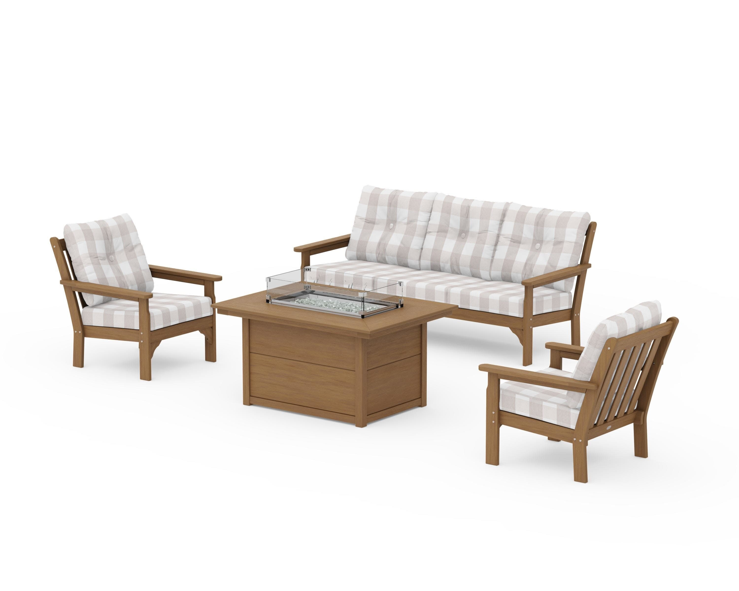 Vineyard Deep Seating Fire Pit Table Set in Natural / Buffalo Plaid Dune Burlap