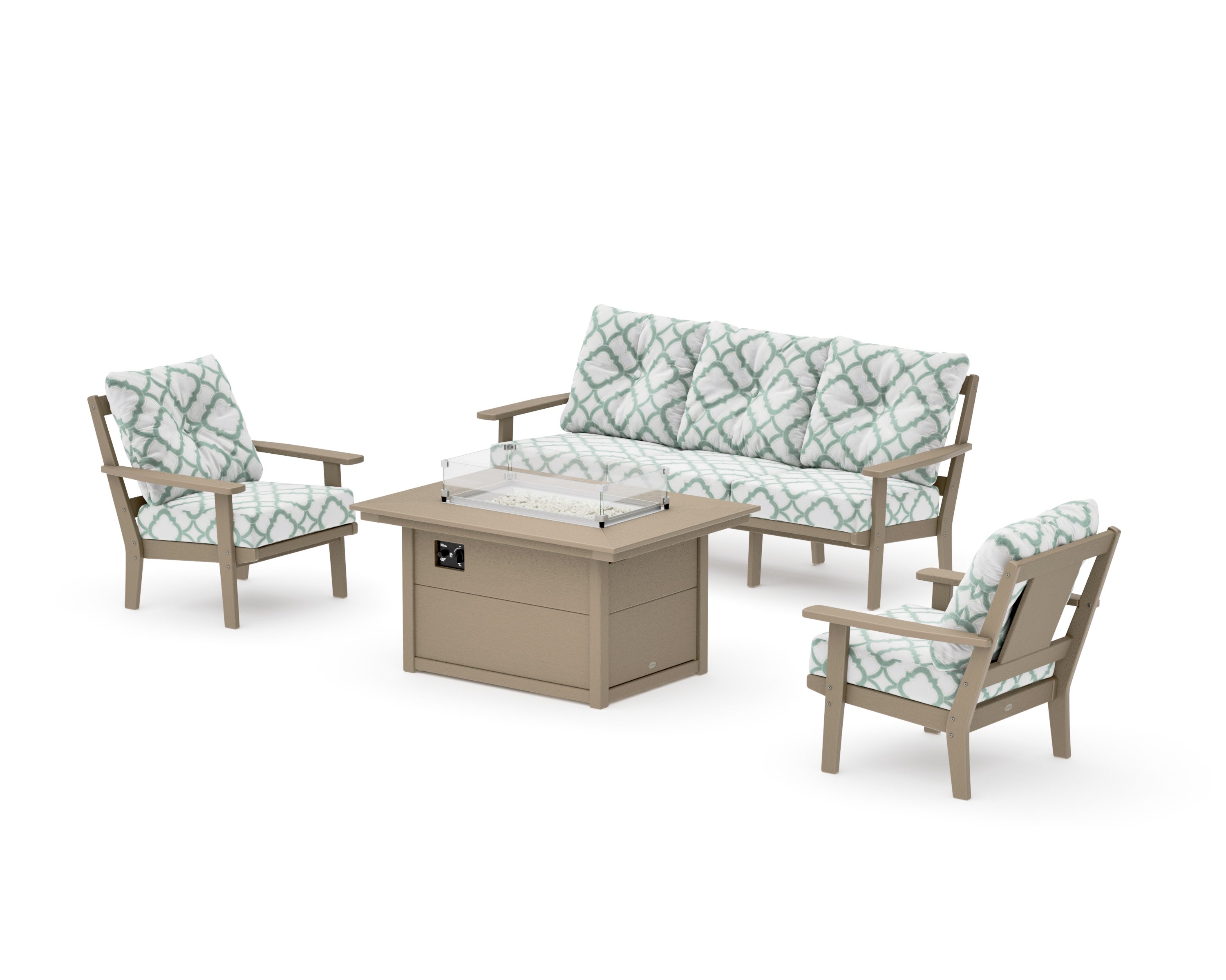 Prairie Deep Seating Fire Pit Table Set in Vintage Sahara / Trellis Glacier Spa