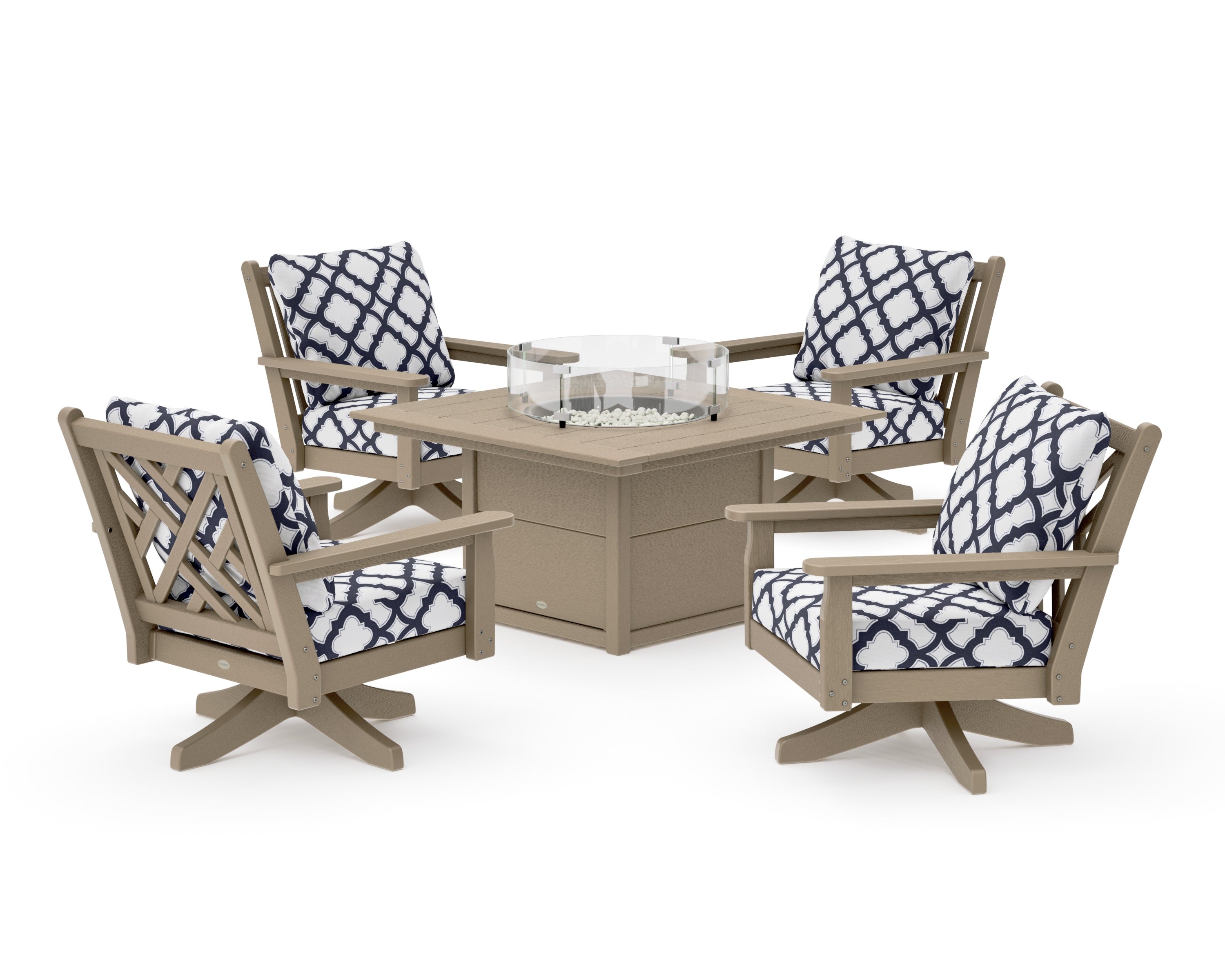 Chippendale 5-Piece Deep Seating Swivel Conversation Set with Fire Pit Table in Vintage Sahara / Trellis Navy