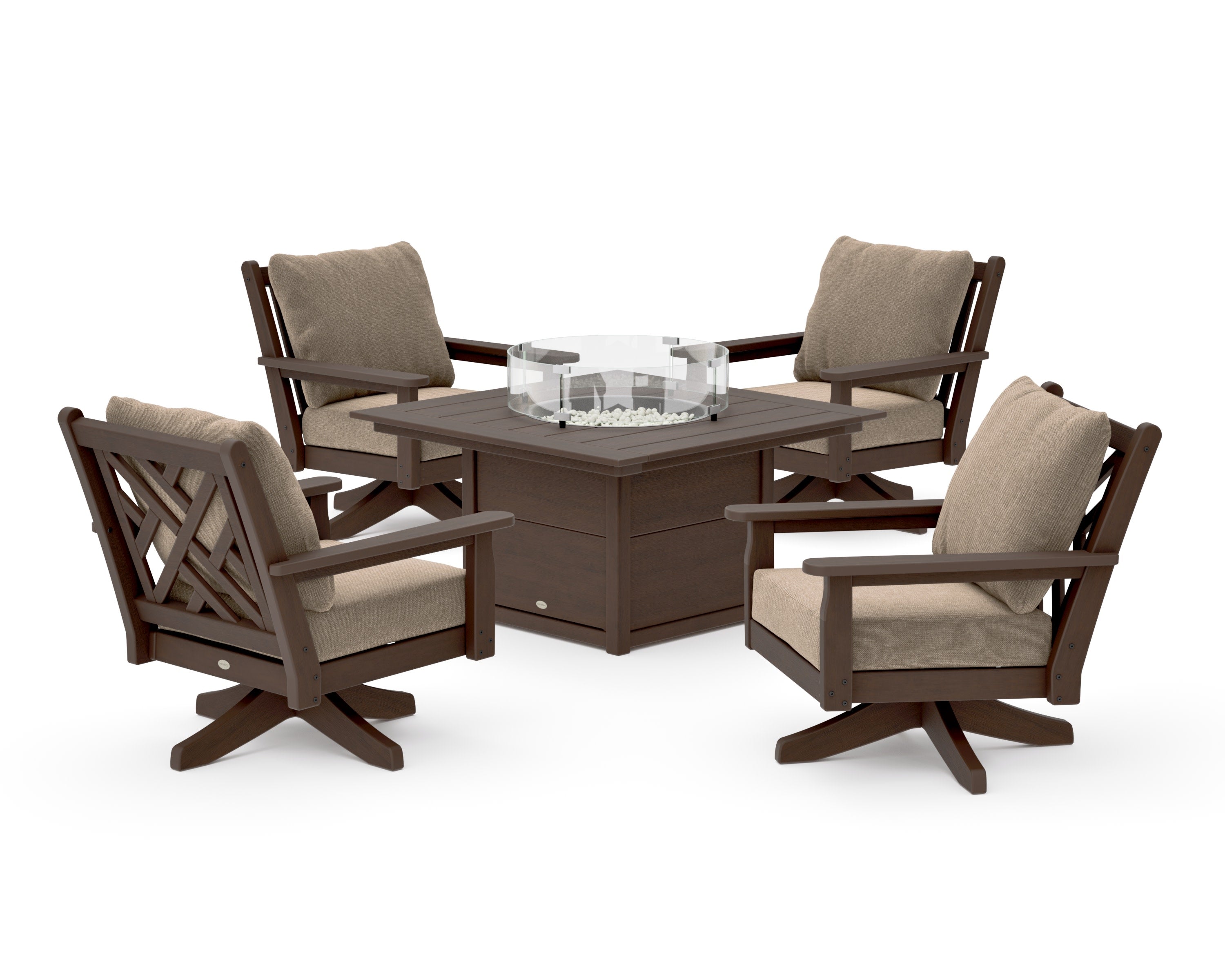 Chippendale 5-Piece Deep Seating Swivel Conversation Set with Fire Pit Table in Kona / Spiced Burlap