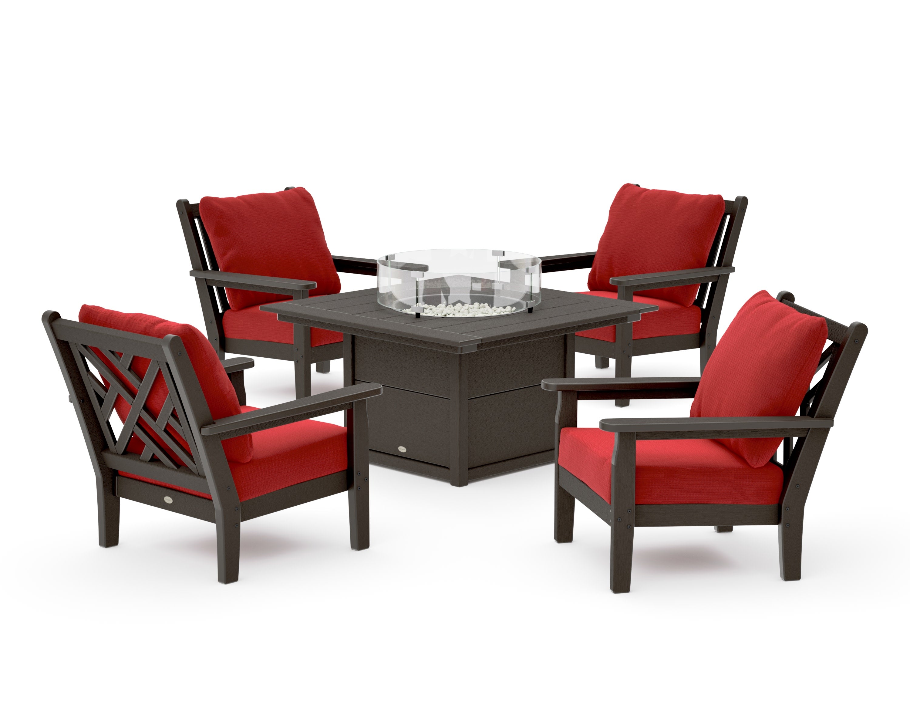 Chippendale 5-Piece Deep Seating Set with Fire Pit Table in Vintage Coffee / Crimson Linen
