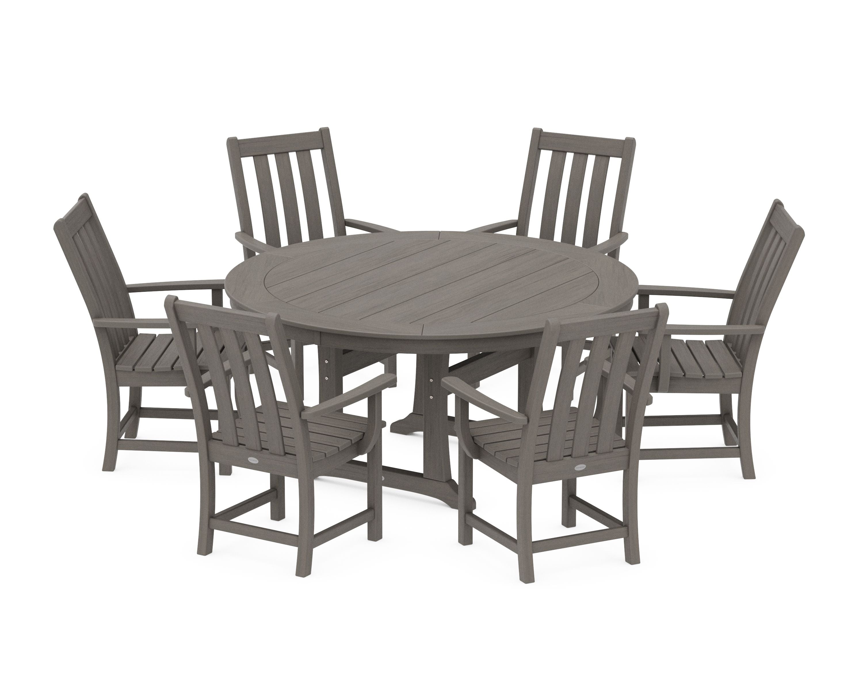 Vineyard 7-Piece Arm Chair Round Dining Set in Driftwood