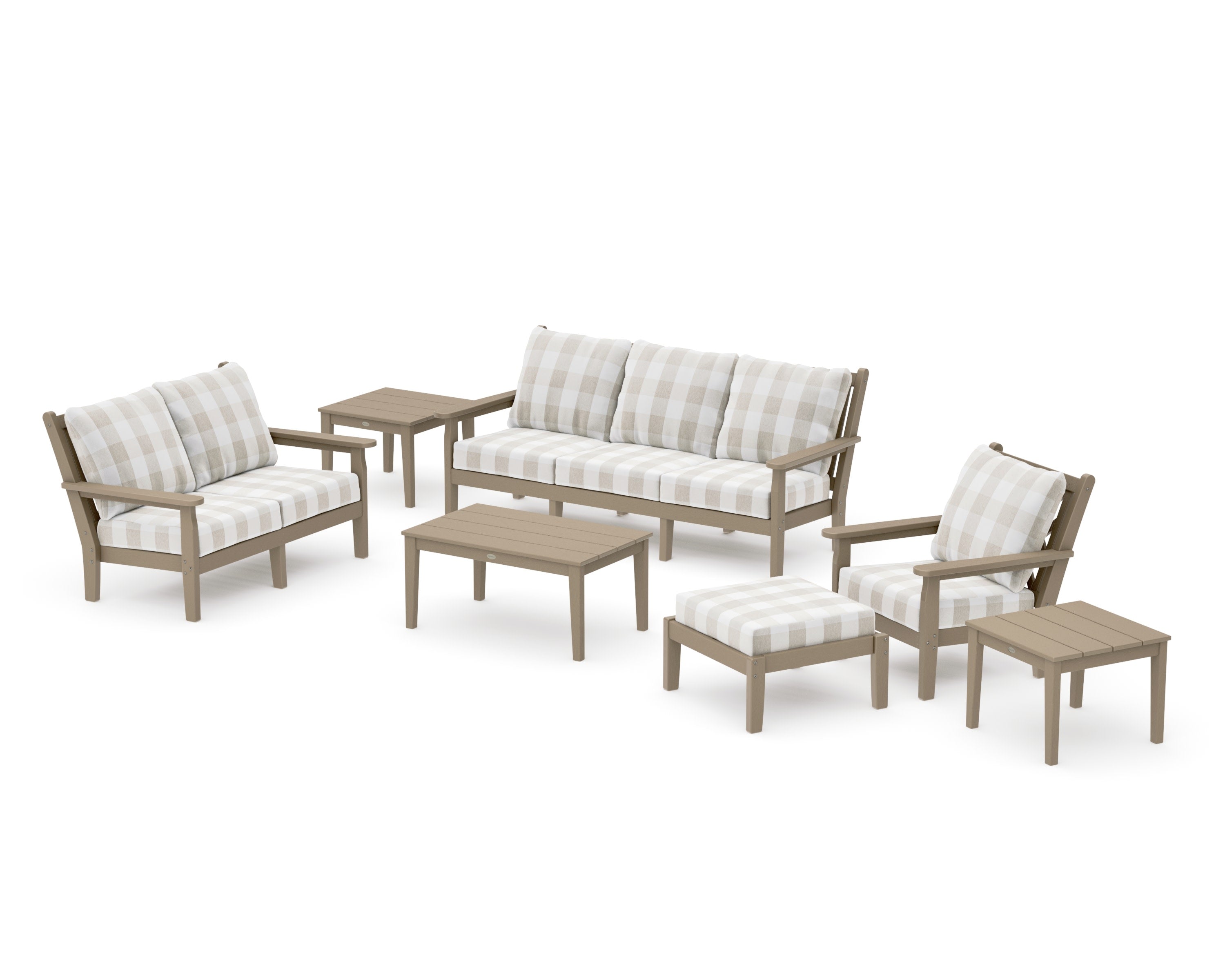 Chippendale 7-Piece Deep Seating Set in Vintage Sahara / Buffalo Plaid Dune Burlap