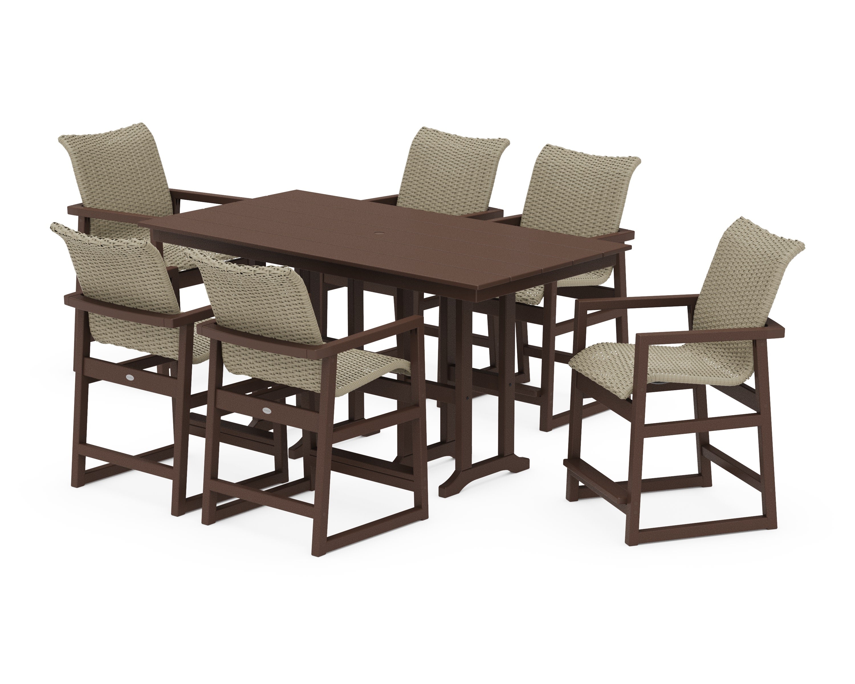 EDGE Woven Arm Chair 7-Piece Farmhouse Counter Set in Mahogany / Dune Grass