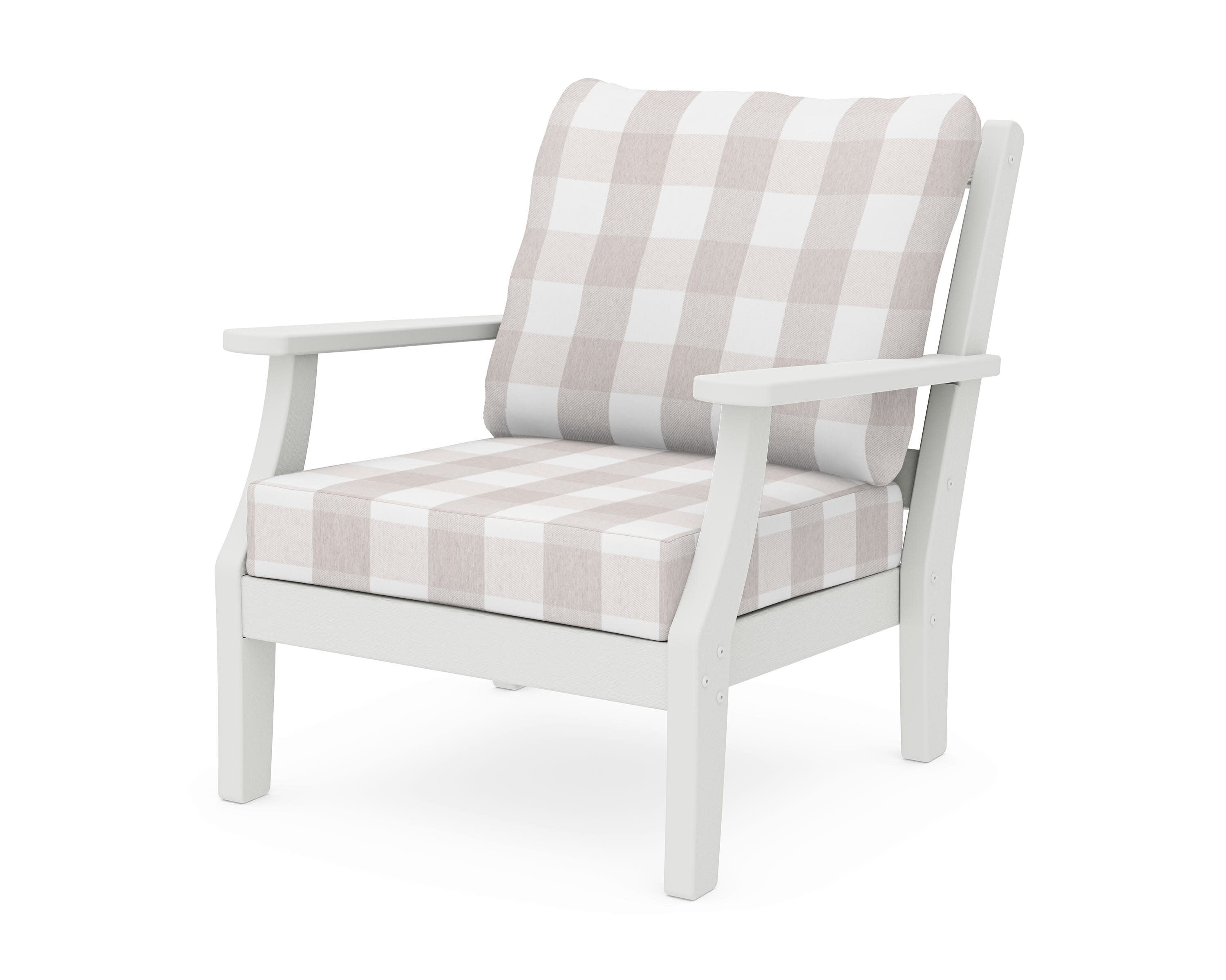 Chinoiserie Deep Seating Chair in Vintage White / Buffalo Plaid Dune Burlap