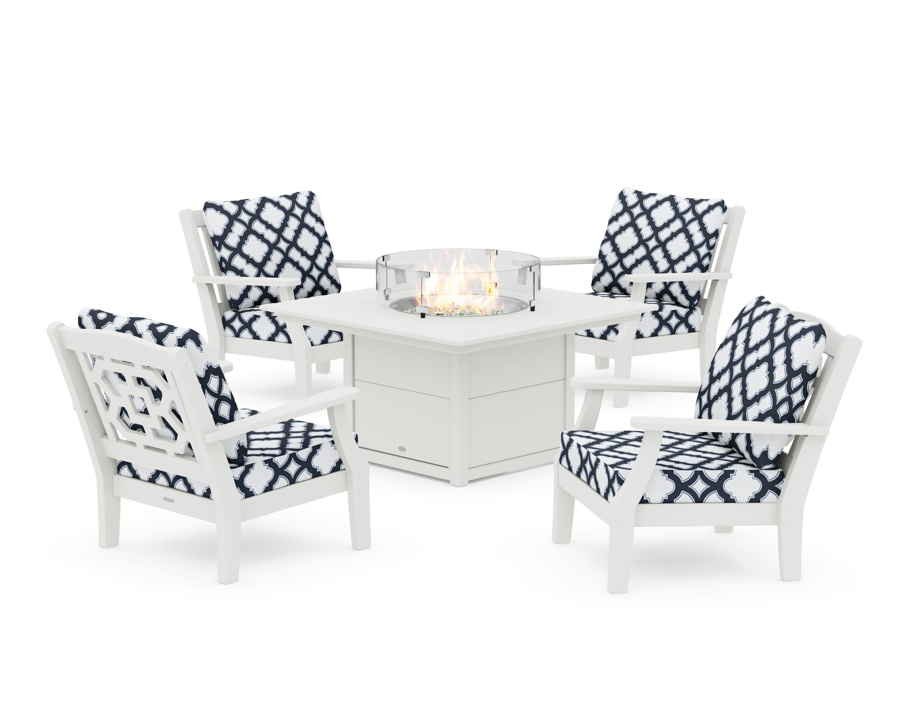 Chinoiserie 5-Piece Deep Seating Set with Fire Pit Table in Vintage White / Trellis Marine Indigo